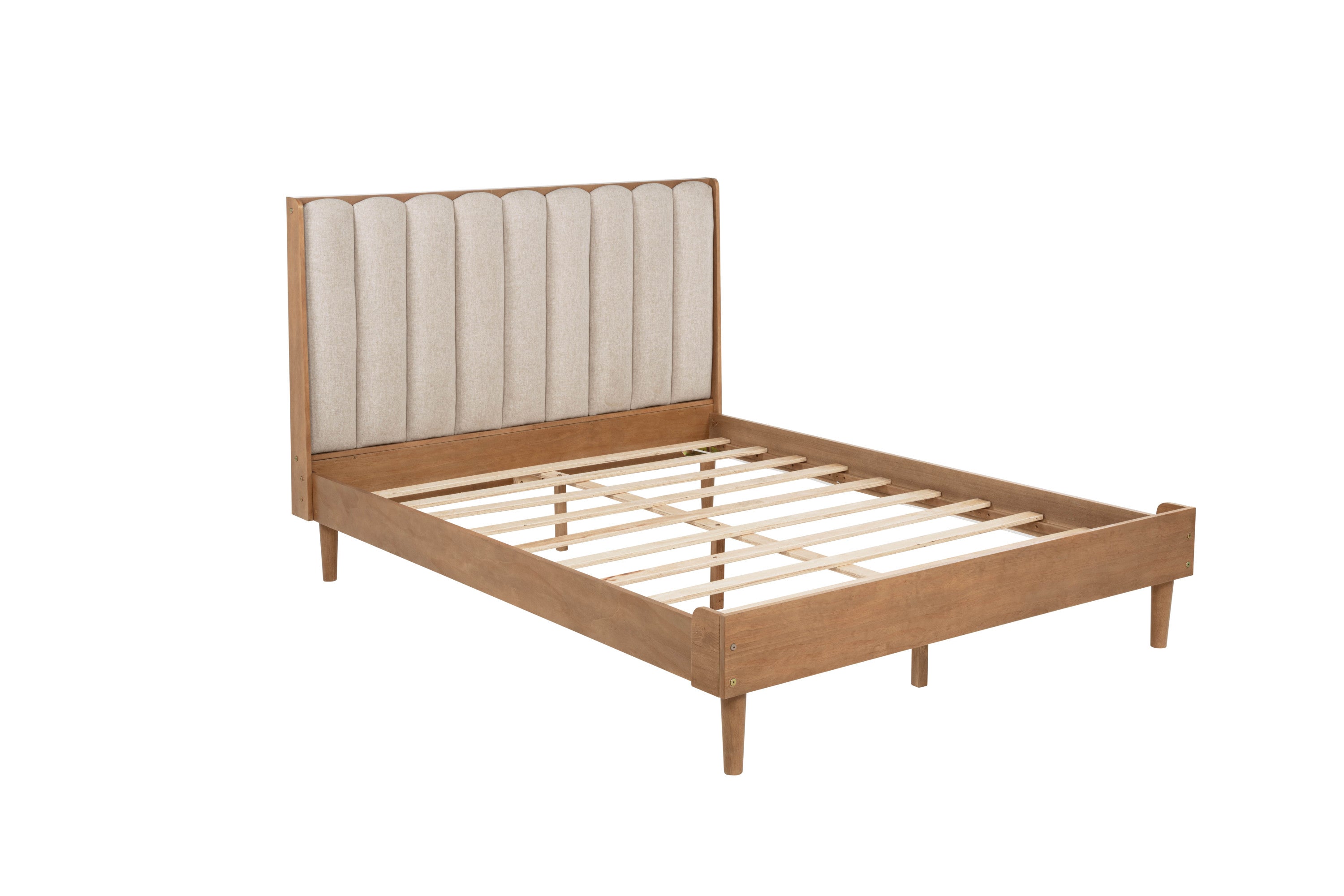 Second angled studio view of the bare frame, piano-key headboard and wood slat base