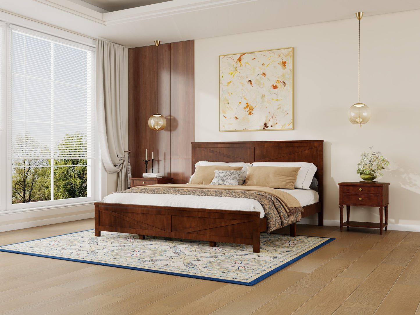Farmhouse walnut king bed frame styled in bedroom with abstract art