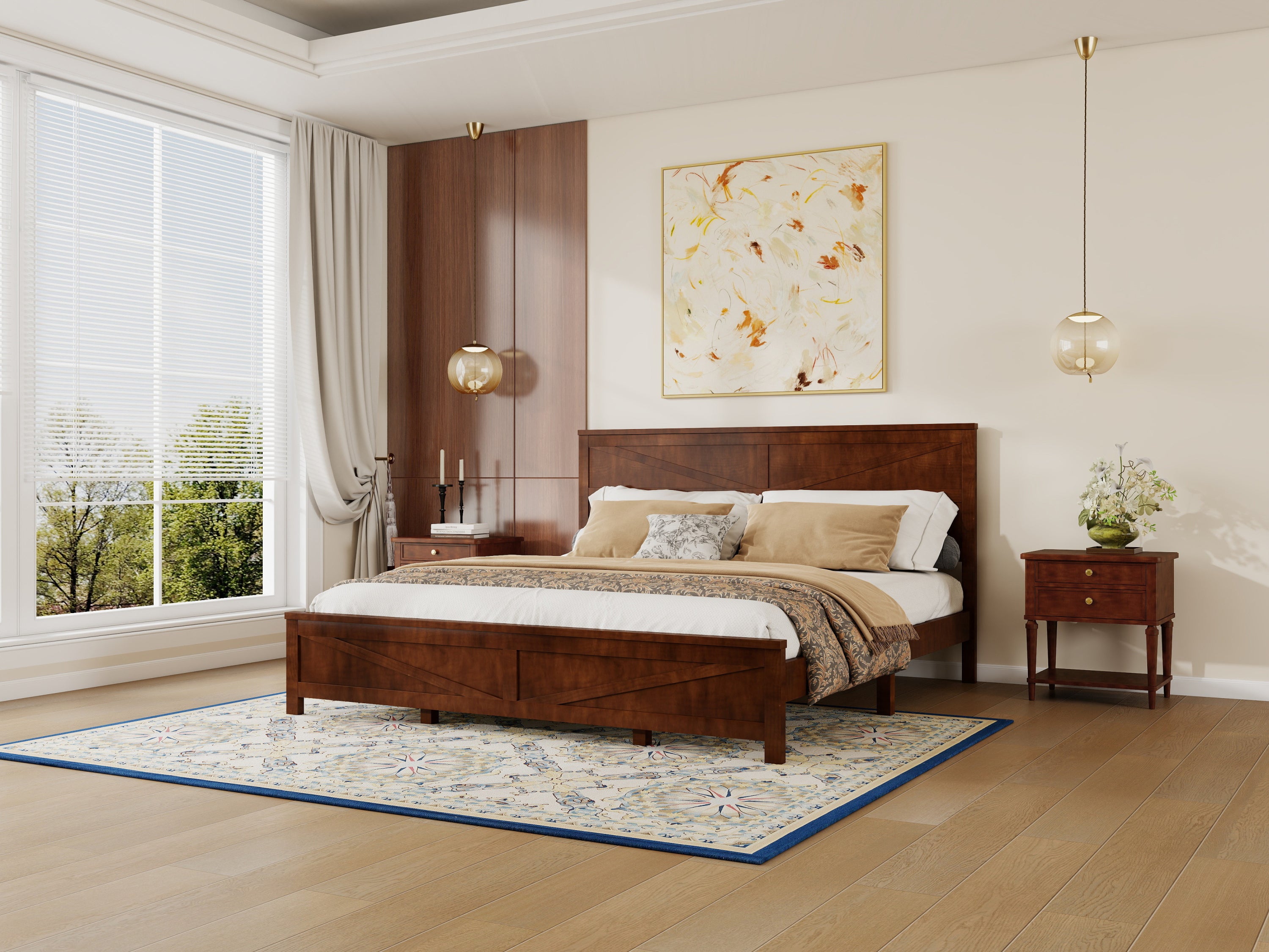 Farmhouse walnut king bed frame styled in bedroom with abstract art