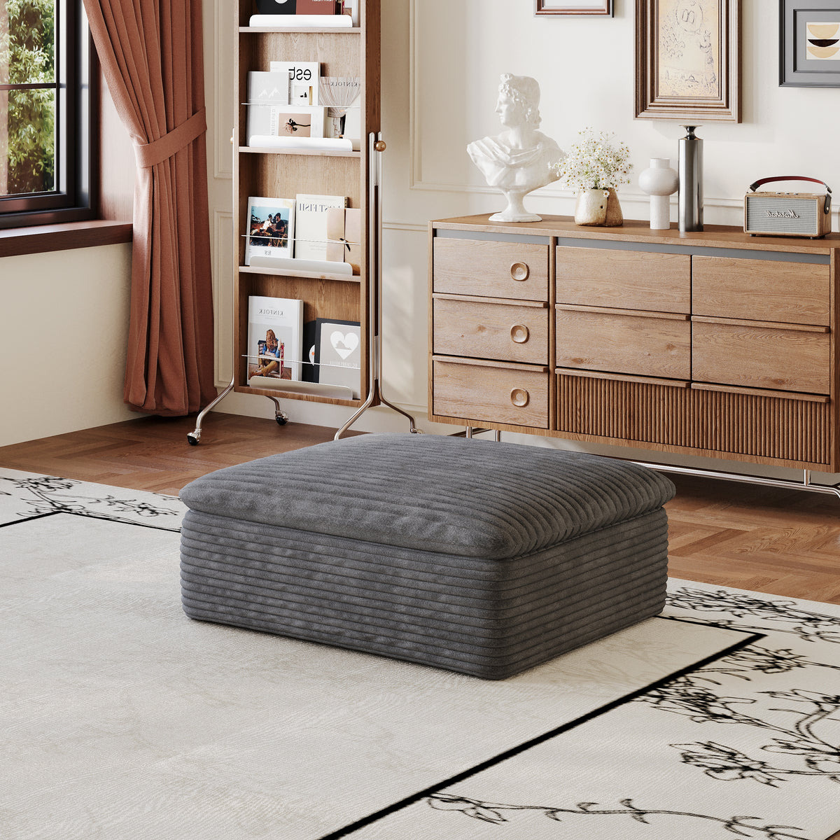 Dark Gray Corduroy Ottoman, 35.5 in