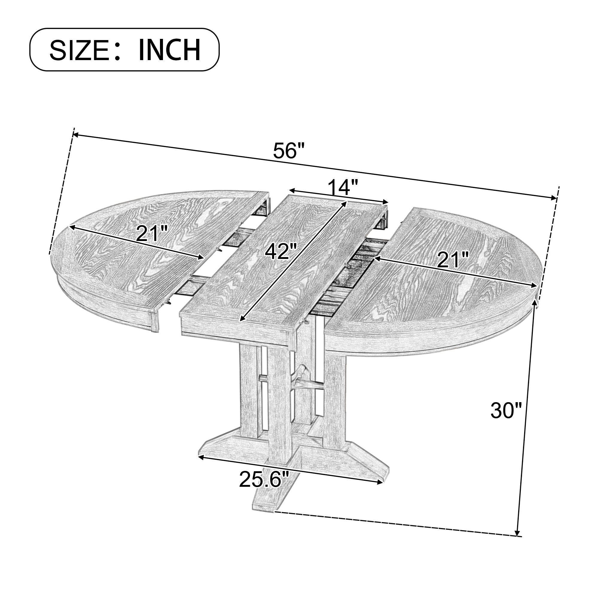 Dimension diagram: 42 in round top extends to 56 in oval with a 14 in leaf, 30 in high