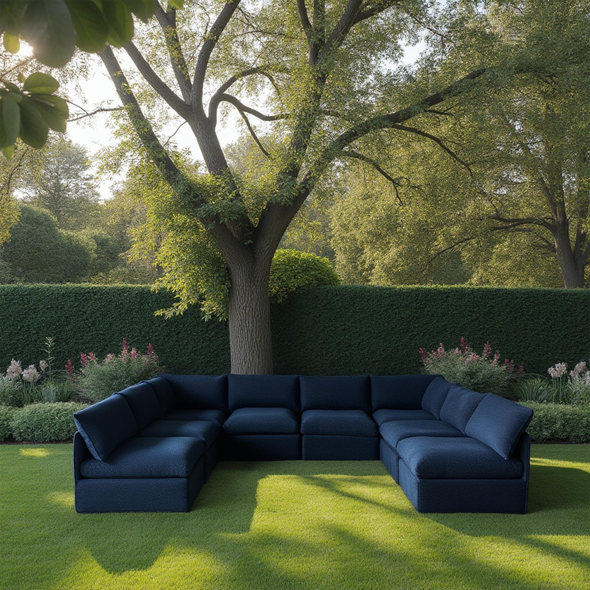 Blue U-Shaped Outdoor Sectional with Cushions, 137.8 in Wide