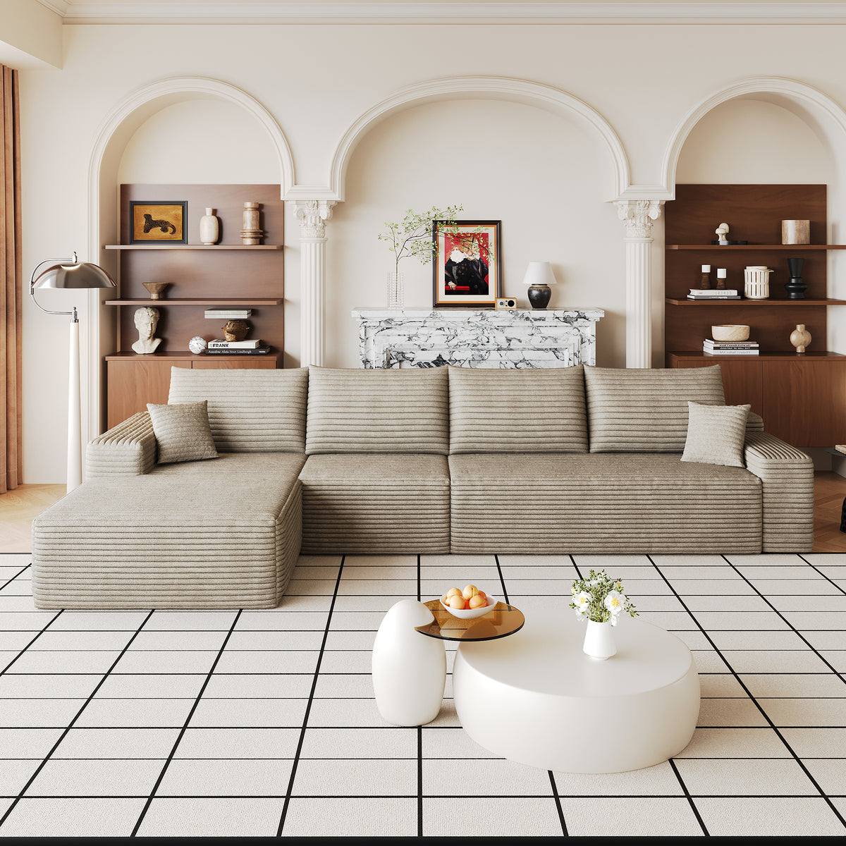 Camel Corduroy L-Shaped Modular Sectional, 133.6 in Wide, Left-Facing