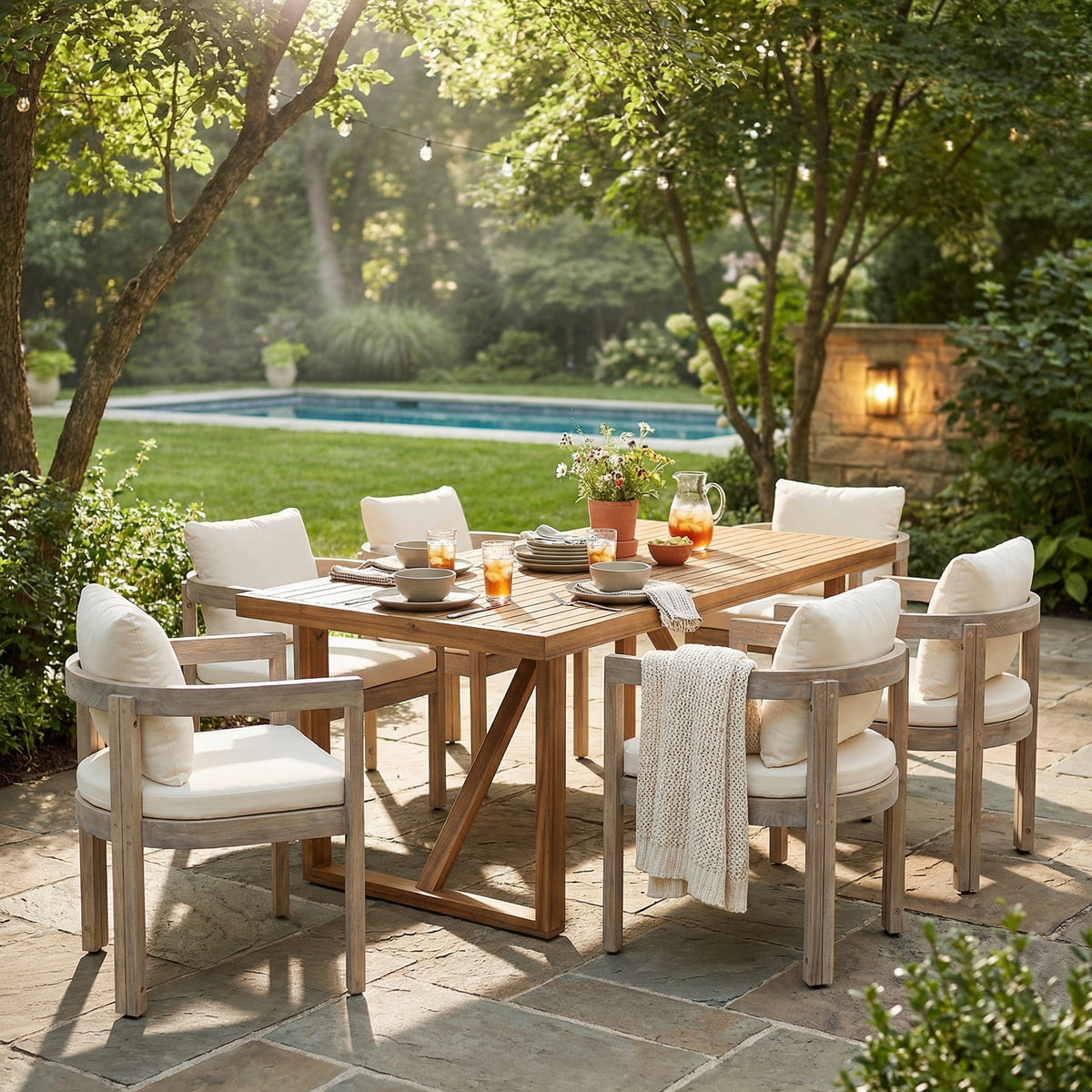 Teak Finish Solid Wood 7-Piece Patio Dining Set for 6 with Cream Cushions