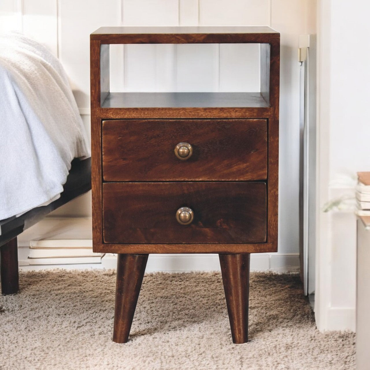 Mid Century Nightstand, 2 Drawers and Open Shelf, Solid Wood