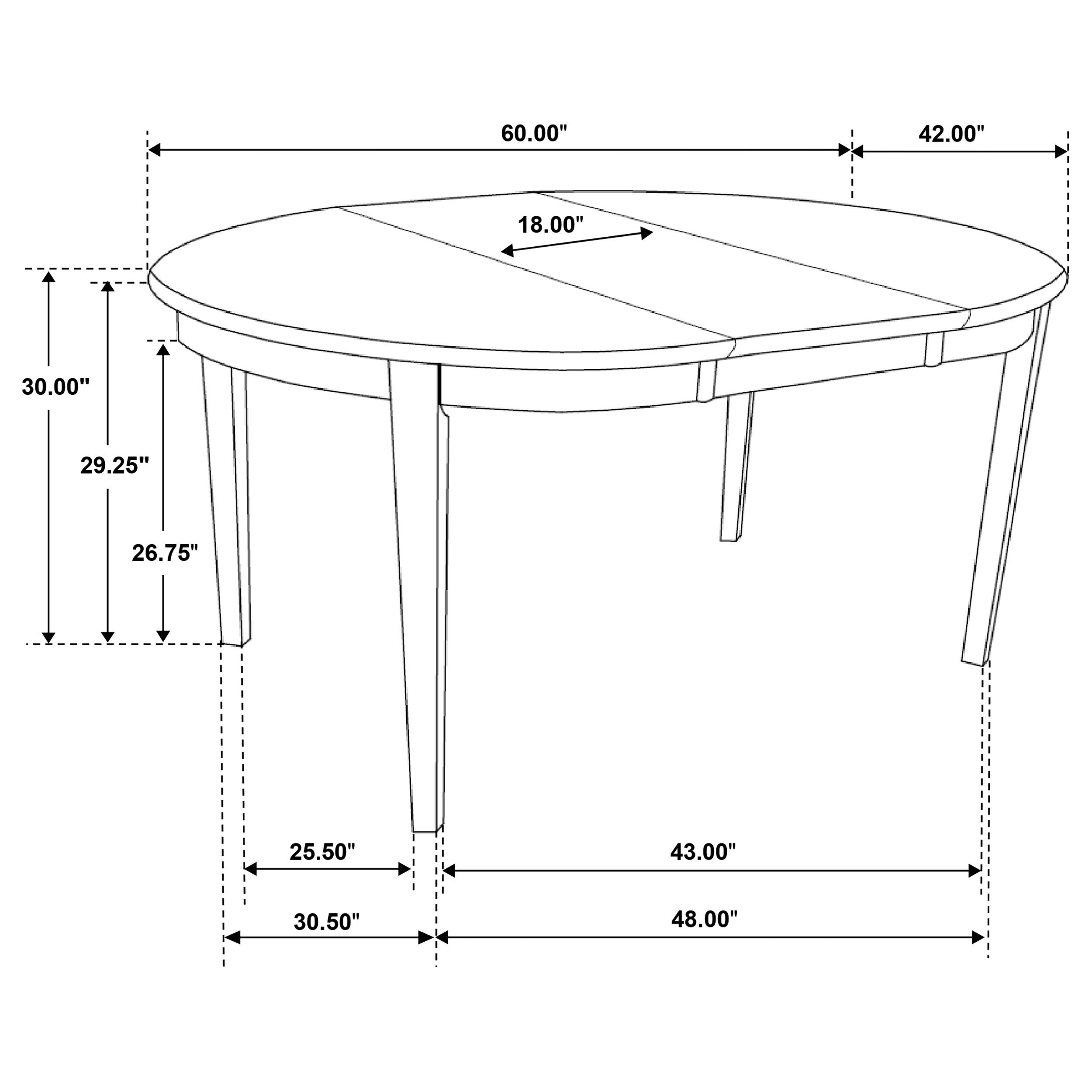 Dimension diagram of the extendable dining table showing 60 in, 42 in, and 18 in leaf
