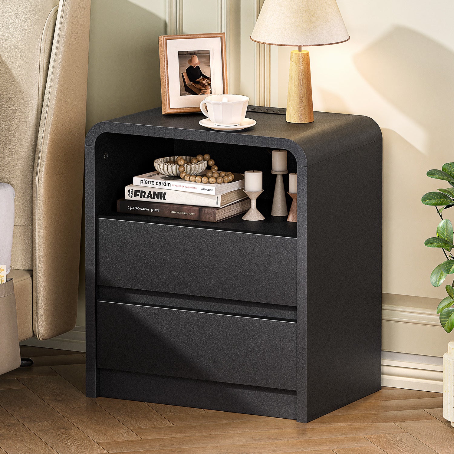 2-Drawer Nightstand with USB Charging Ports and Outlet, Black
