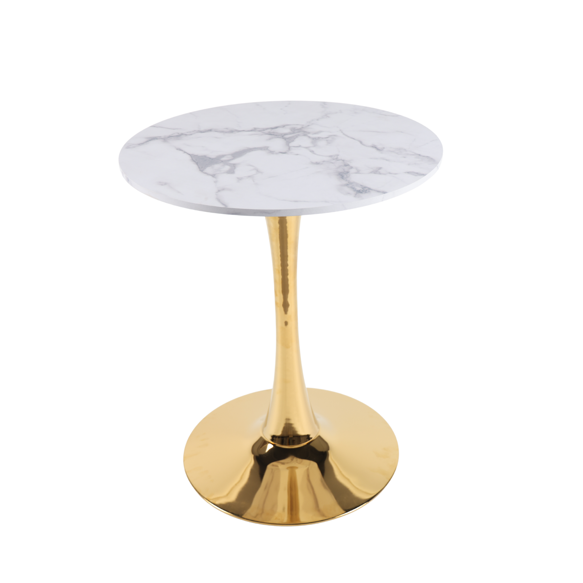 Angled studio view of the round white faux marble table on its gold tulip pedestal
