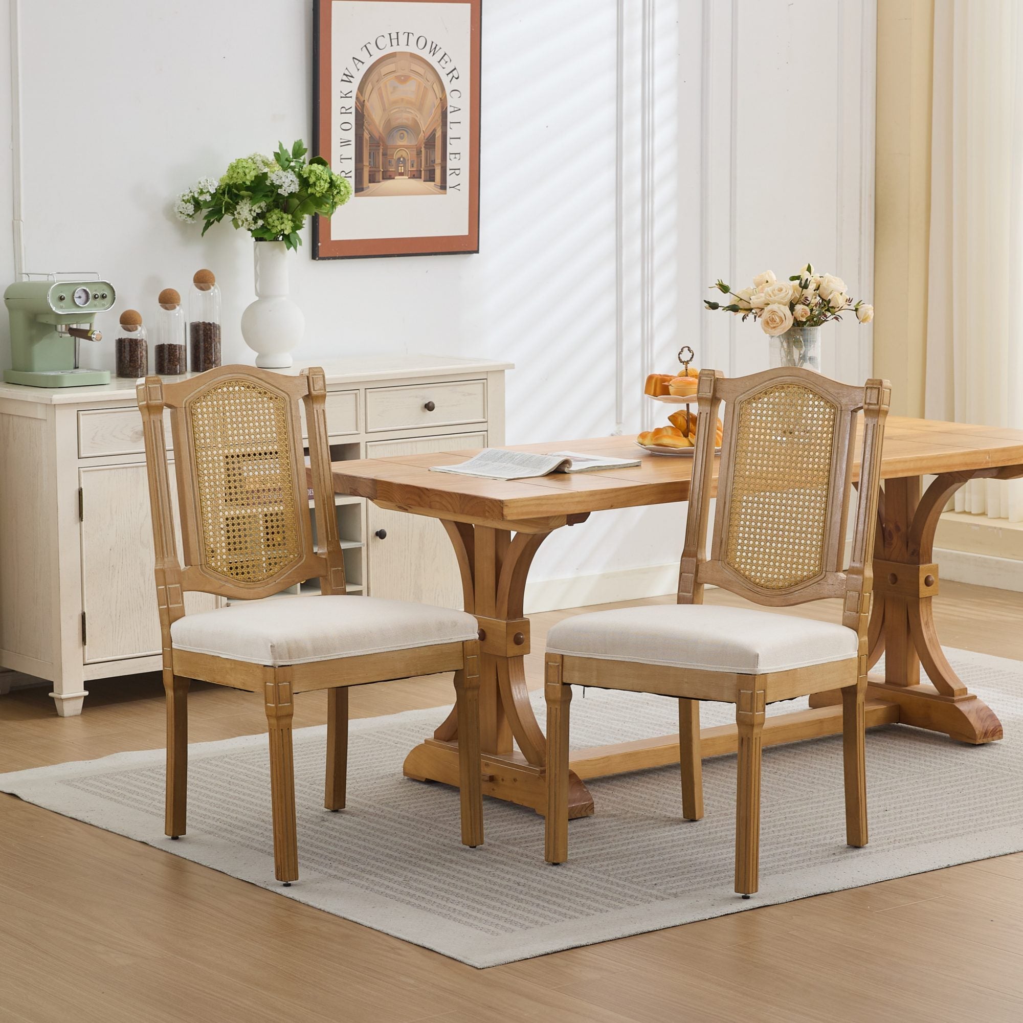 Rattan-Back Dining Chairs Set of 2, Beige Linen with Wood Frame