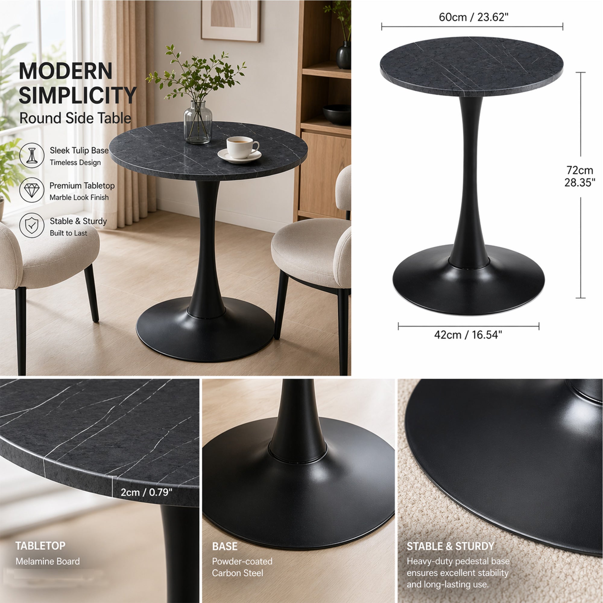 Feature graphic titled modern simplicity showing the black bistro table with size callouts and detail insets