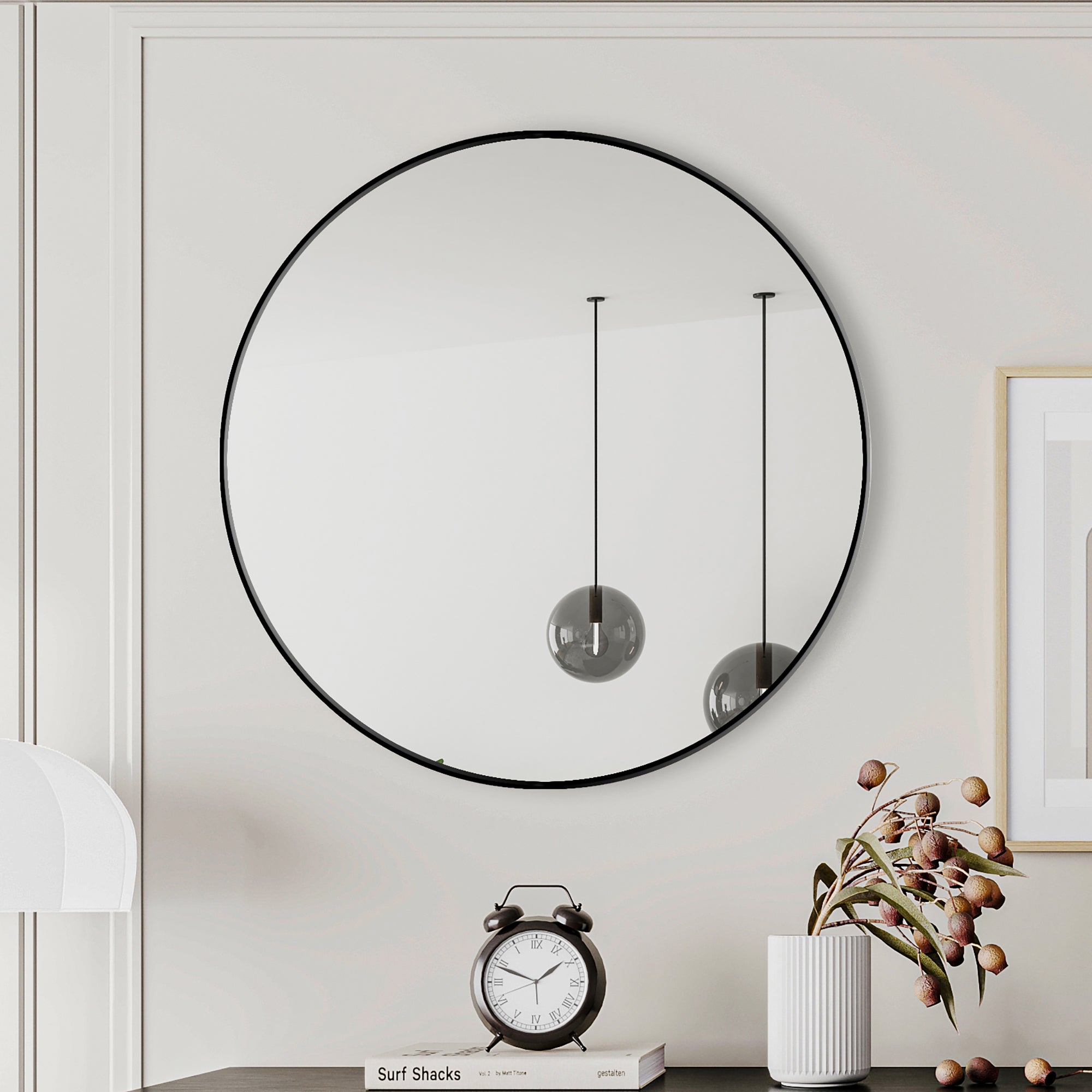 28 Inch Black Round Vanity Mirror with Metal Frame