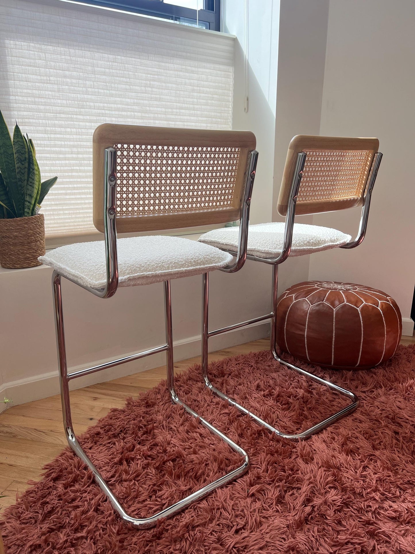 Midcentury Modern Counter Stools Set of 2 – Rattan & Stainless Steel