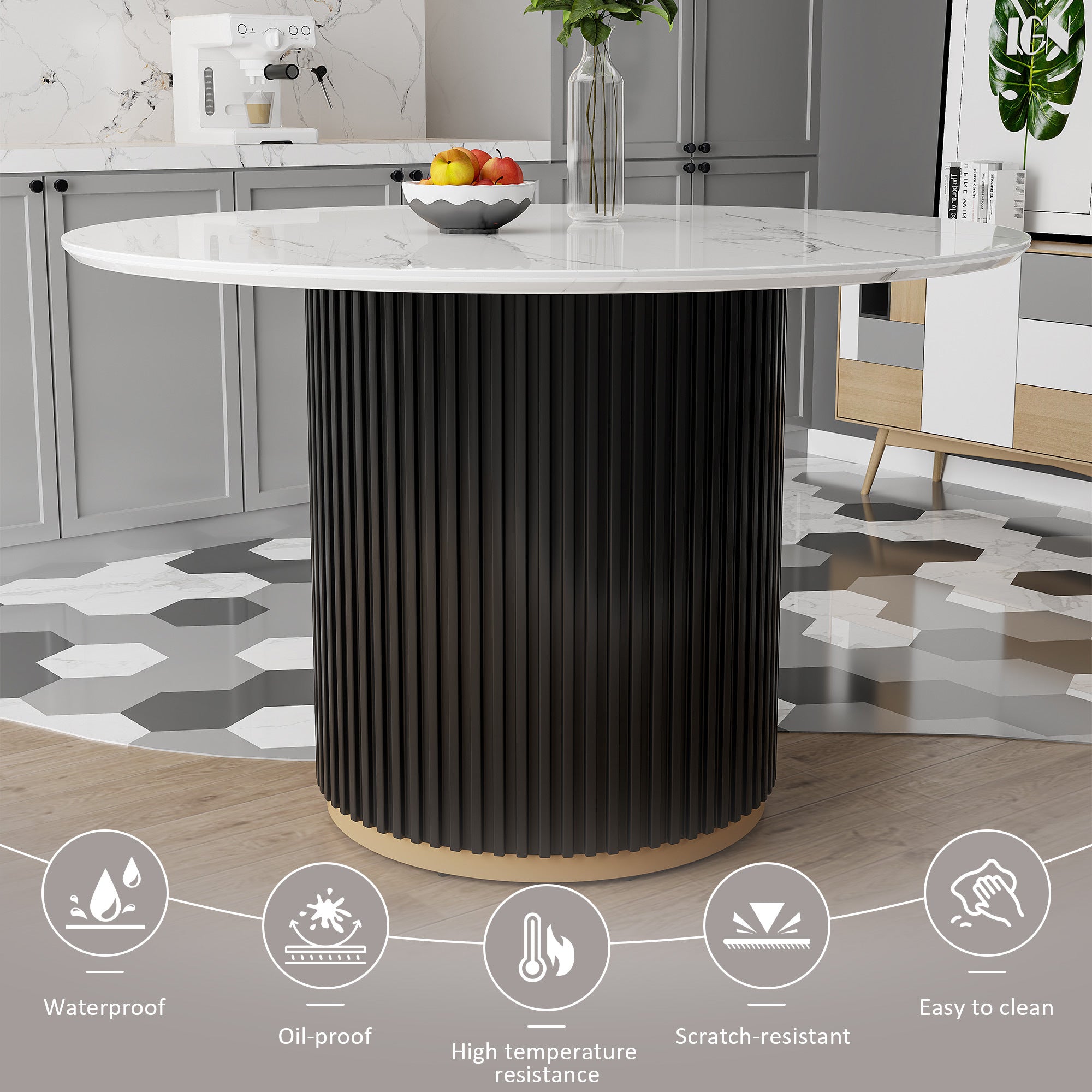 Feature graphic listing waterproof, oil-proof, heat-resistant, scratch-resistant and easy-clean top