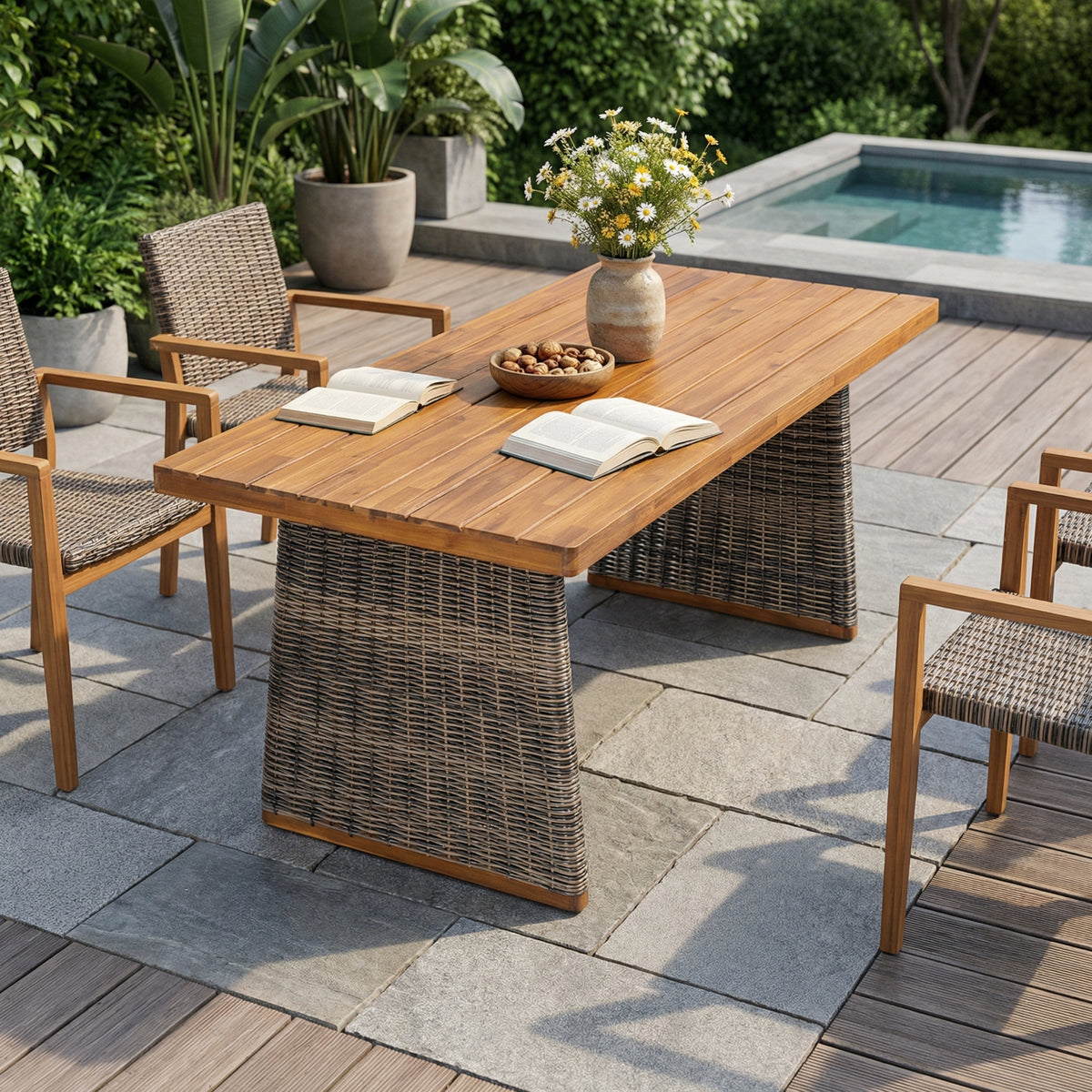 Teak Finish Solid Wood Outdoor Dining Table, 70 in Wide, Gray Wicker