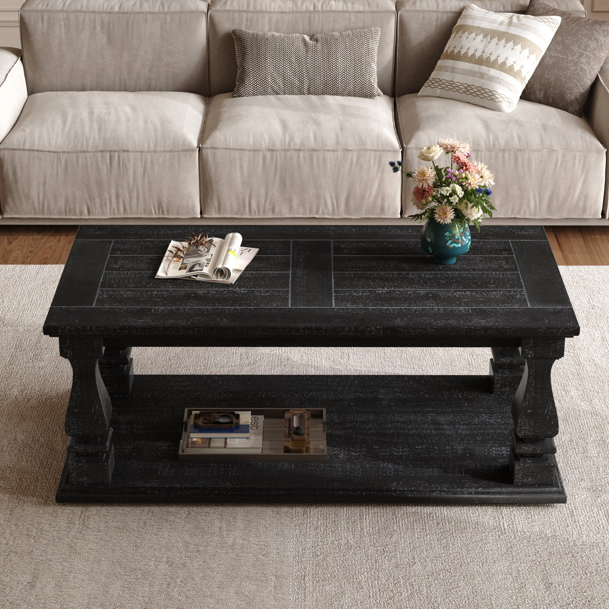 Black Rectangular Coffee Table with Storage, 47.2 in, Rustic