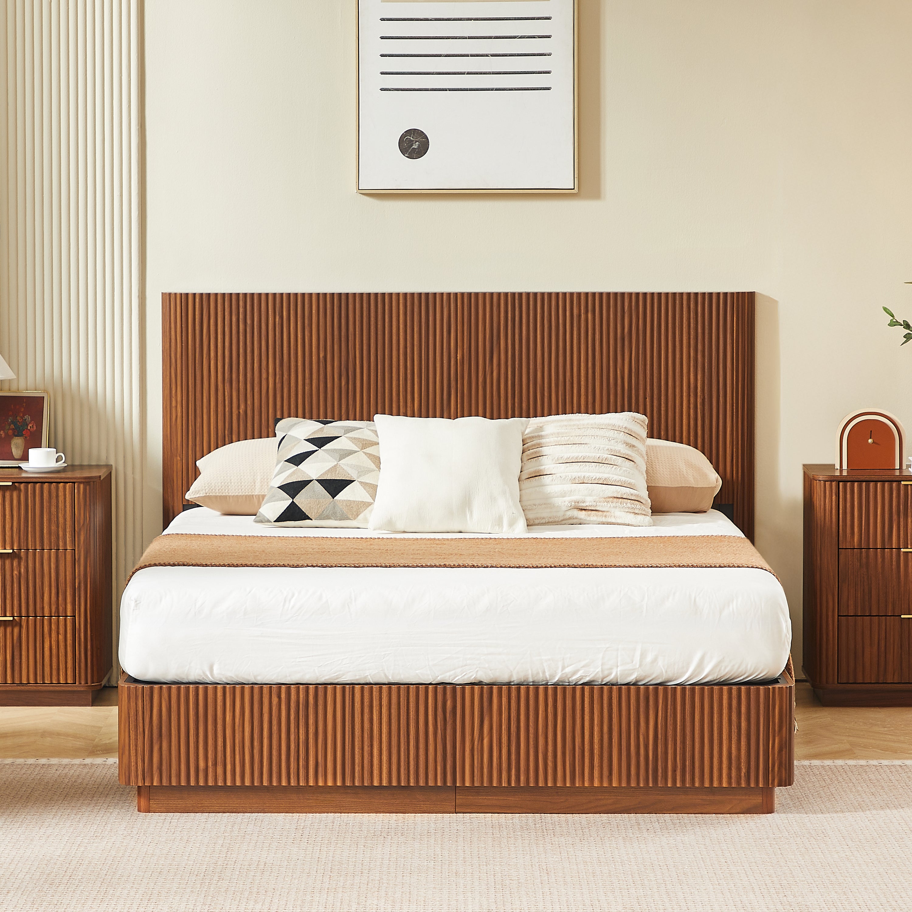 Walnut modern queen bed frame with a corrugated wood headboard and matching plinth base between two dressers #Color_Walnut