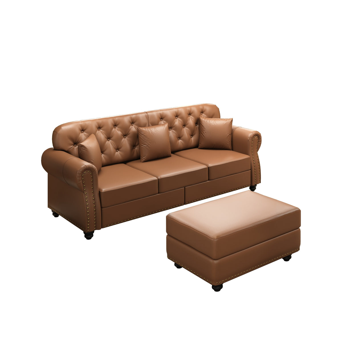 Brown Vegan Leather 3-Seat Chesterfield Sofa with 1 Ottoman