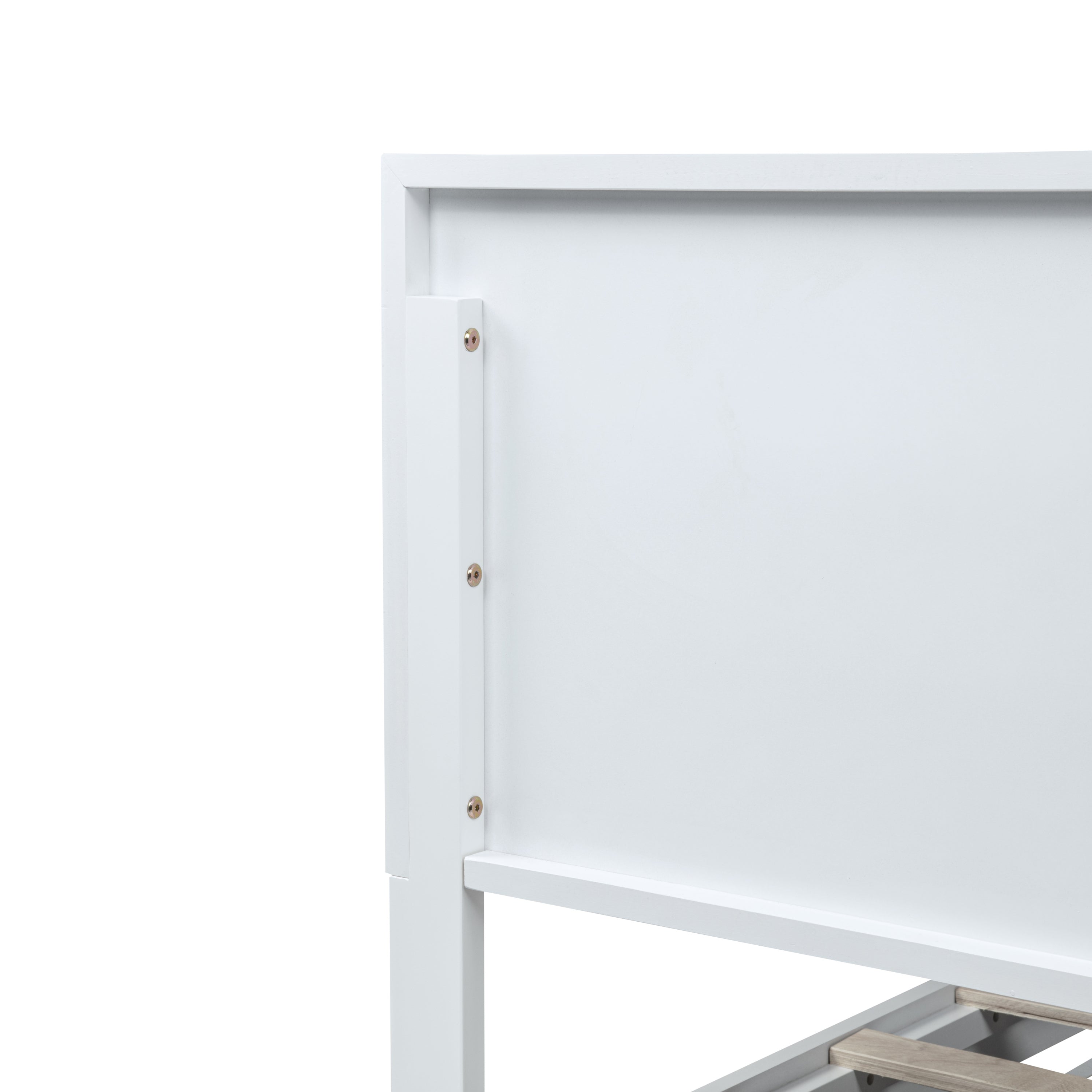 Close-up of the adjustable headboard bracket on the white bed frame, screw holes for two height settings #Color_White