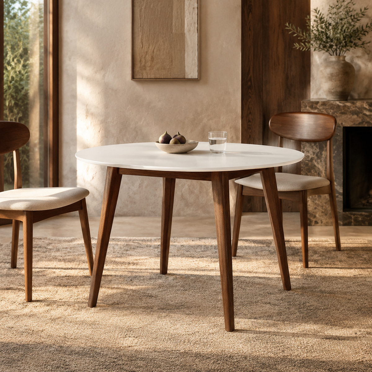 Round Mid-Century Dining Table, White Solid Wood - Seats 4