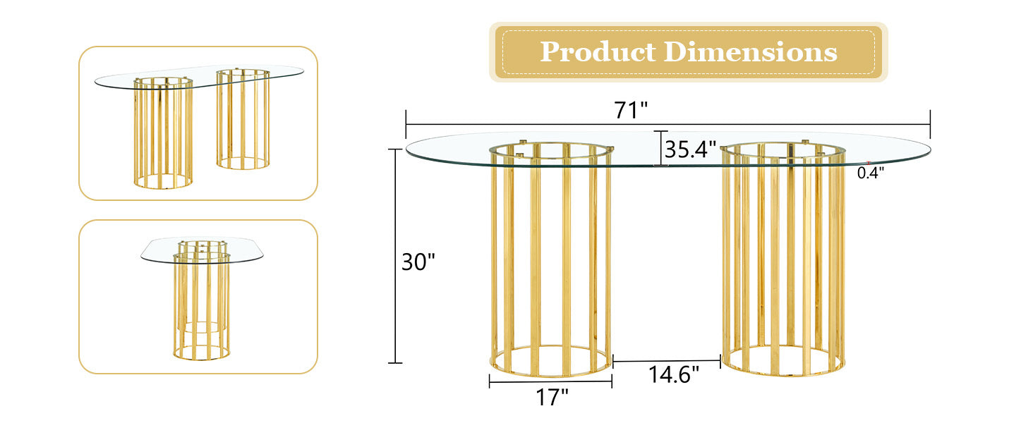 Dimension diagram with side and inset views of the oval glass dining table listing 71 inch and 30 inch sizes