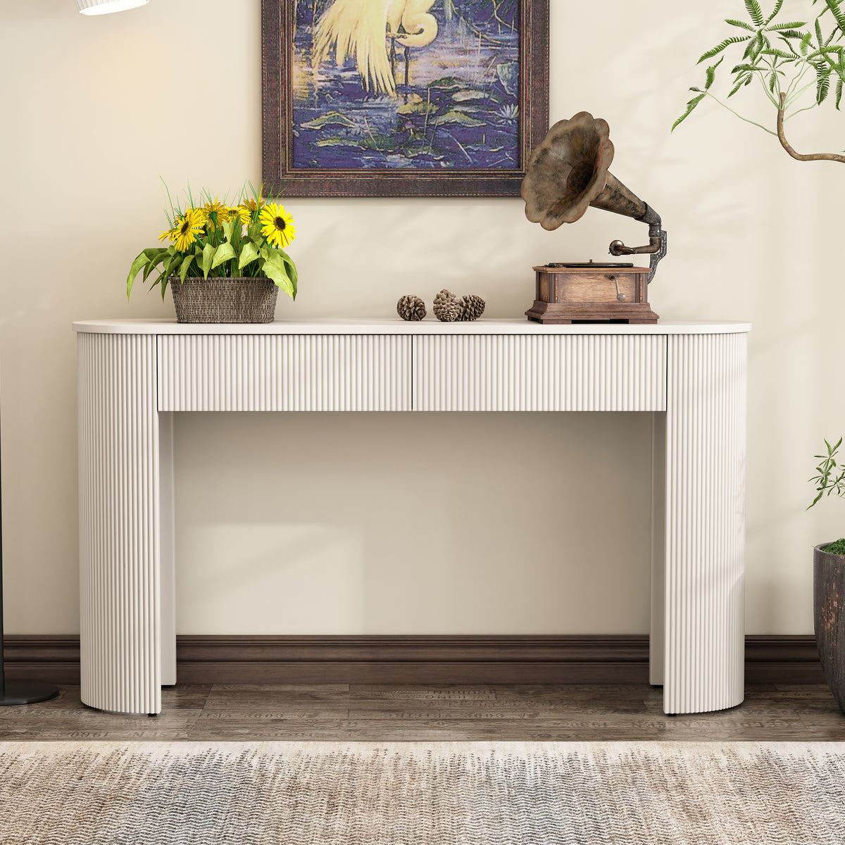 White Oval Fluted Entryway Console Table, 2 Drawers, 54 in Wide