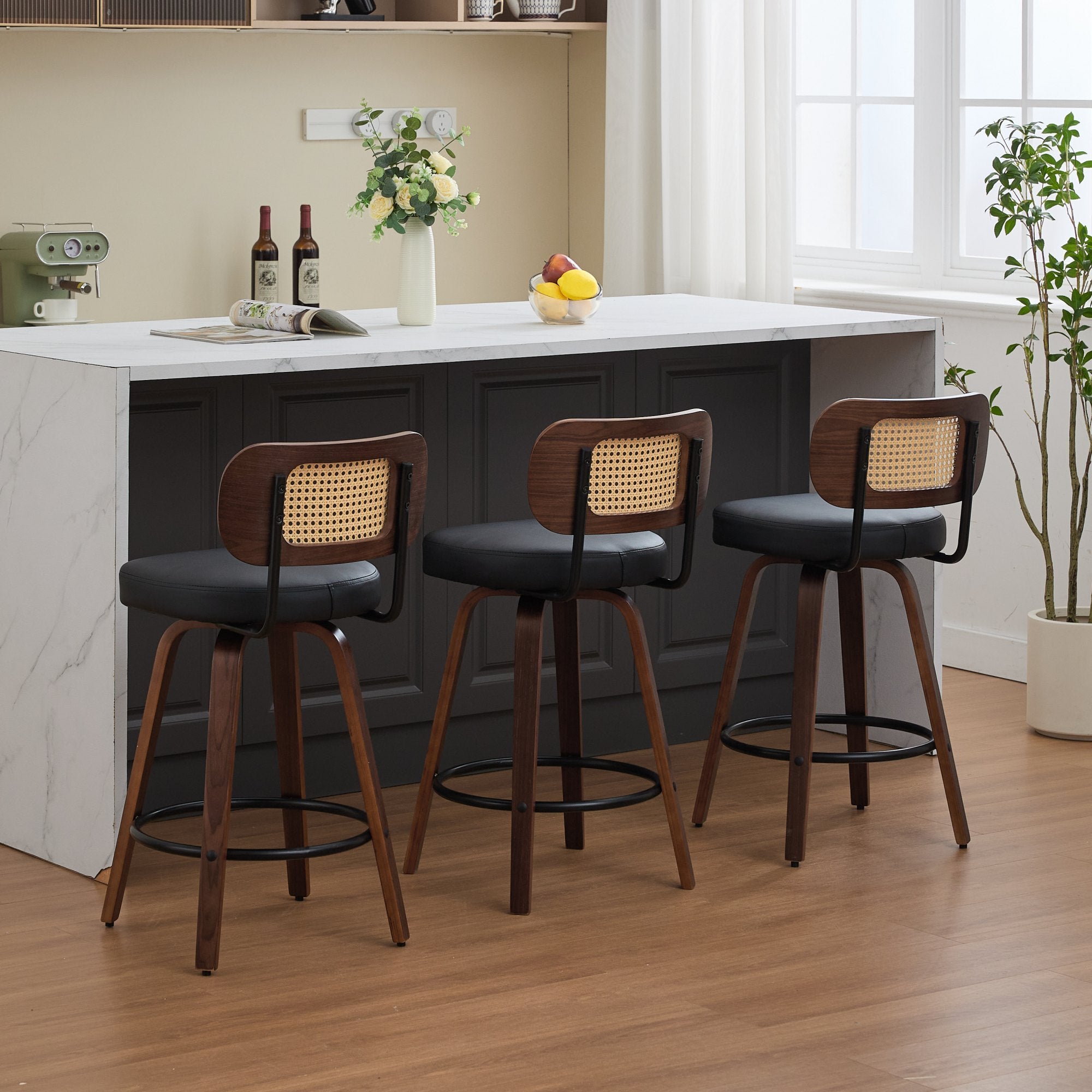 Counter Stool Set of 3, Swivel Cane Back, Walnut and Black