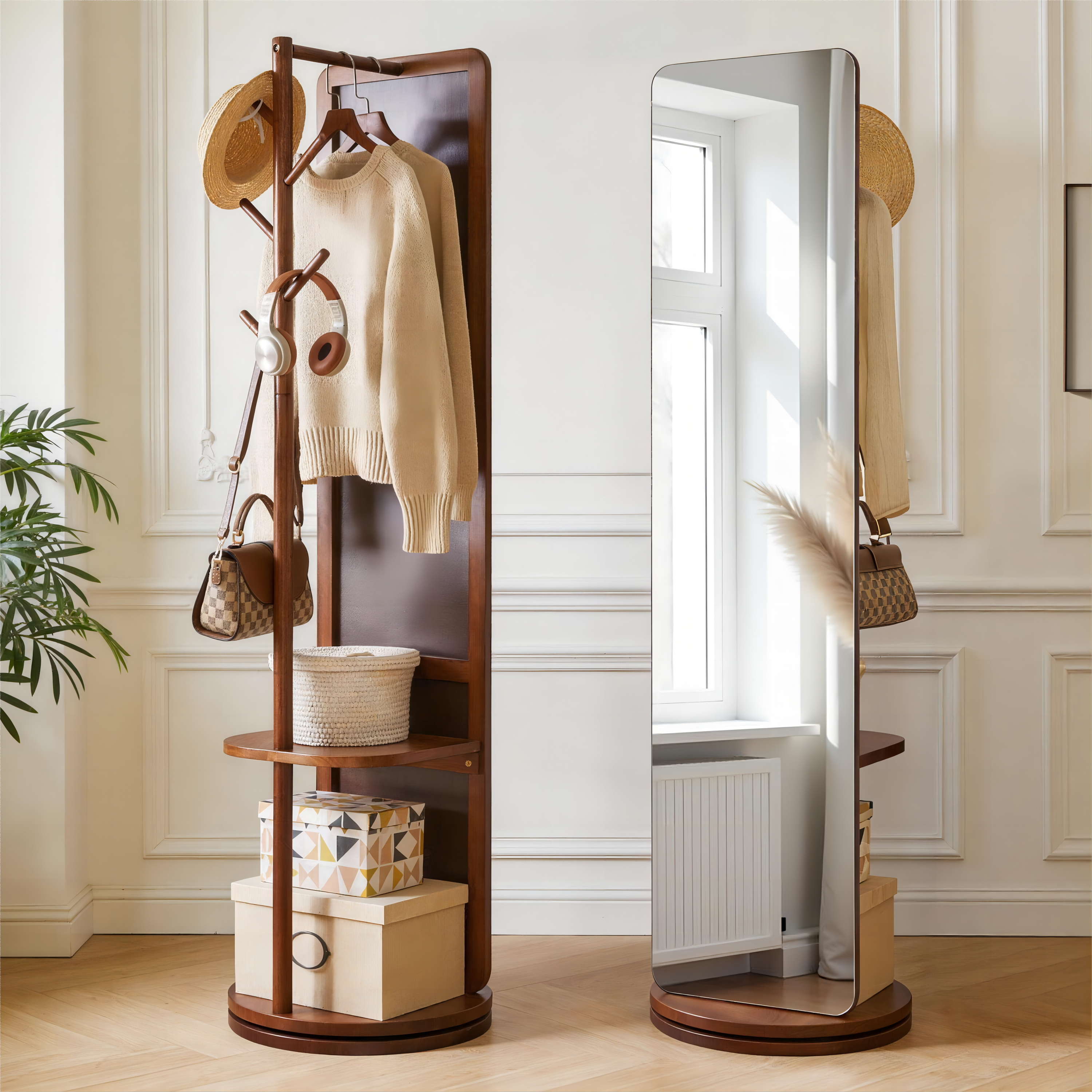 Standing Mirror with Coat Rack, 68.9 in Solid Wood, Walnut
