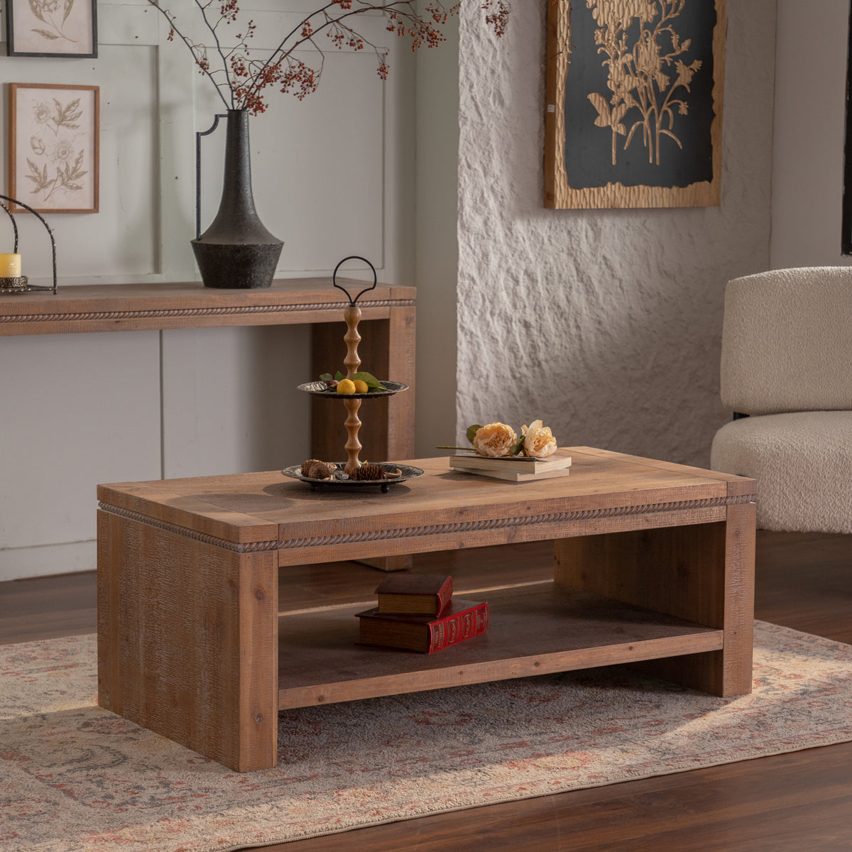Natural Rectangular Coffee Table with Storage, 47.2 in