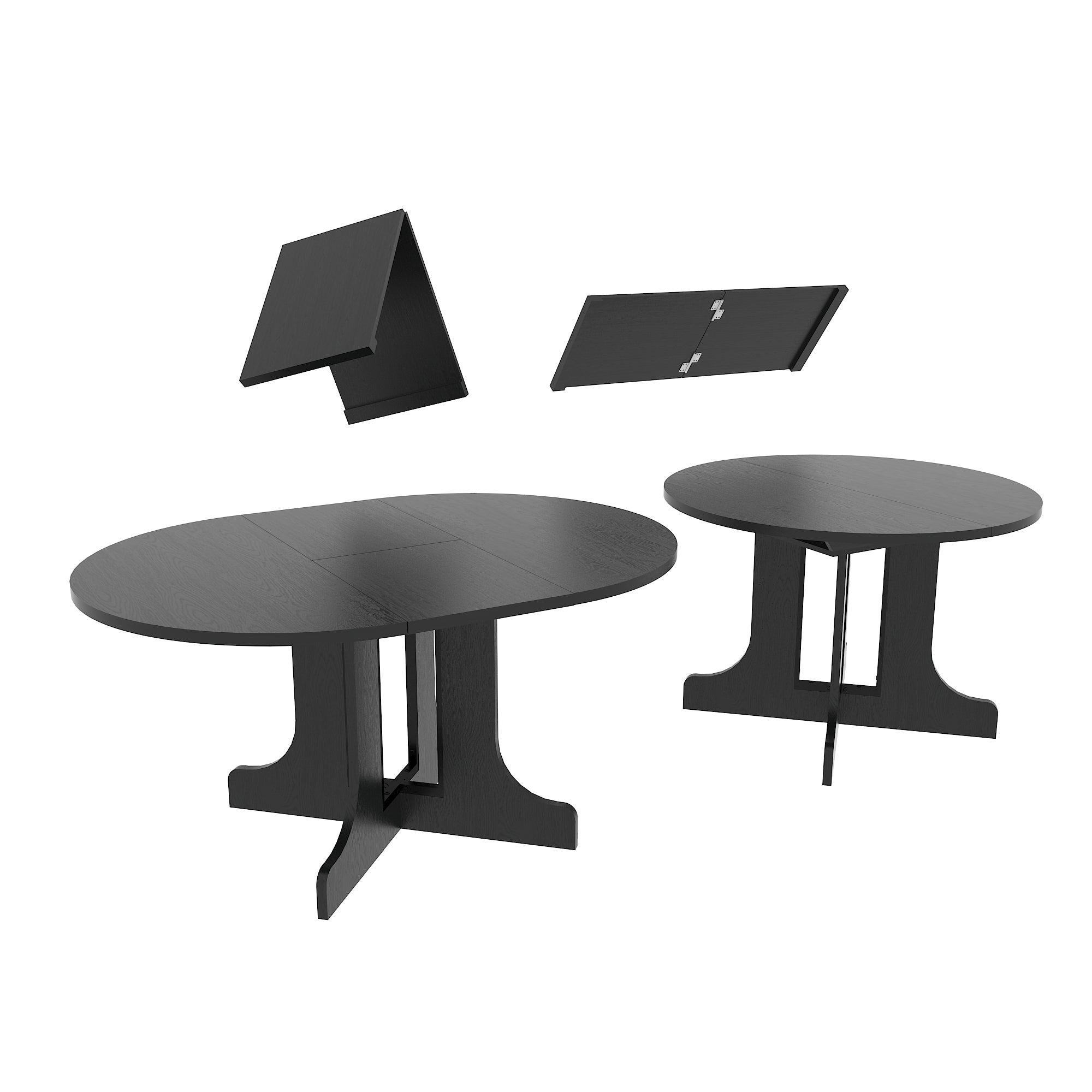 Exploded studio view of the table parts, the folding butterfly leaf, oval and round tabletops
