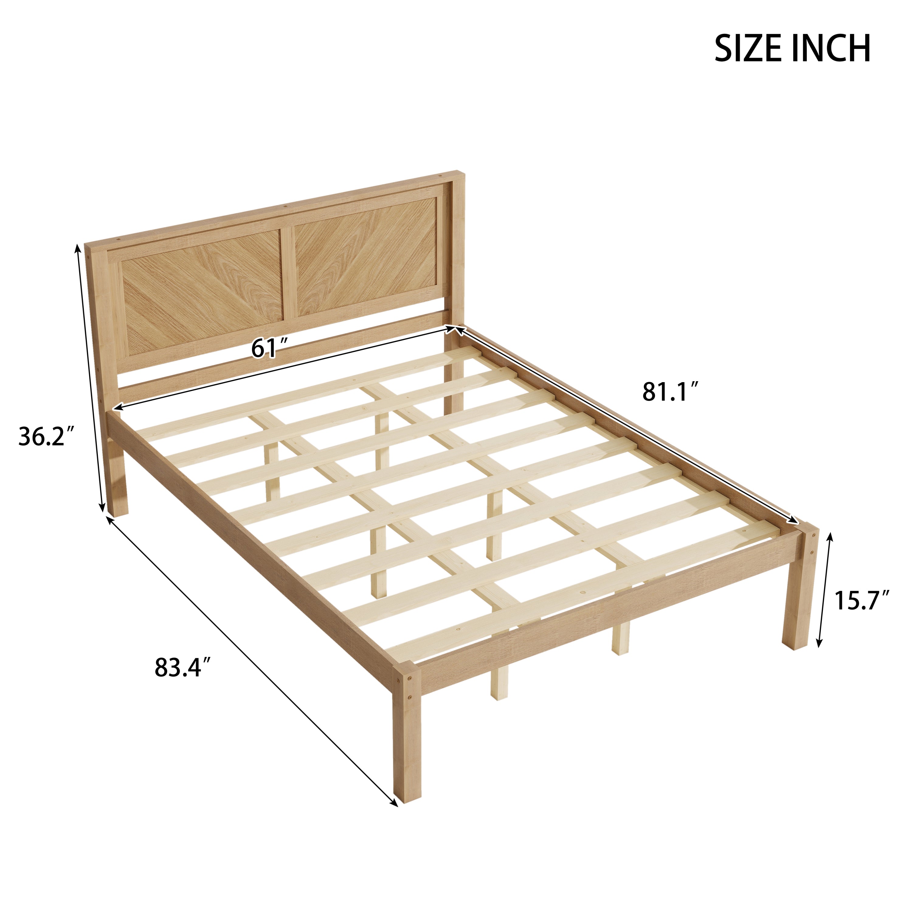 Dimension diagram of the queen platform bed: 83.4 in long, 61 in headboard width, 36.2 in tall, 15.7 in leg height
