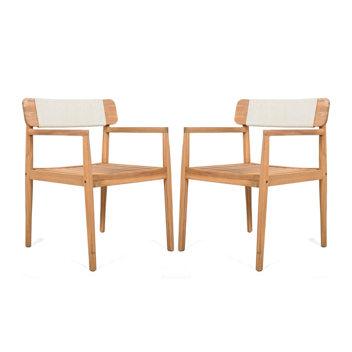Teak Finish Solid Wood Outdoor Dining Armchair, Set of 2, White Rope