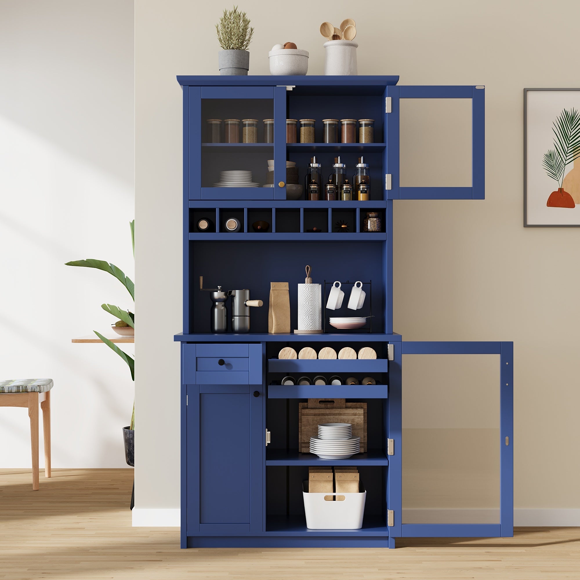 Farmhouse Buffet with Hutch, Blue, Wine Rack and Glass Doors