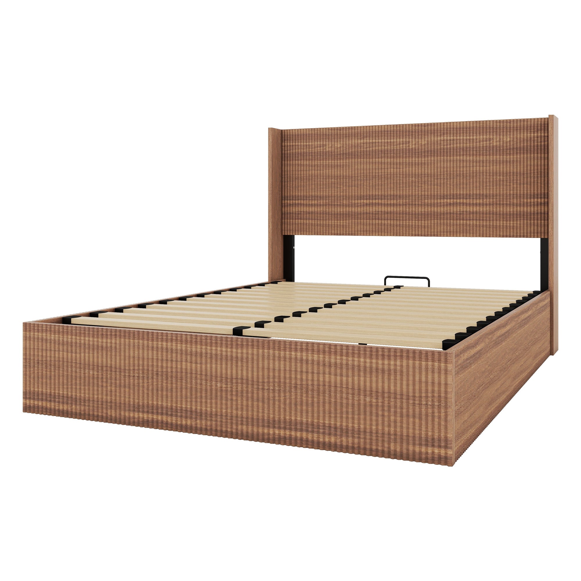 Bare natural wood storage bed frame, angled, wood slats with fluted footboard and side rails