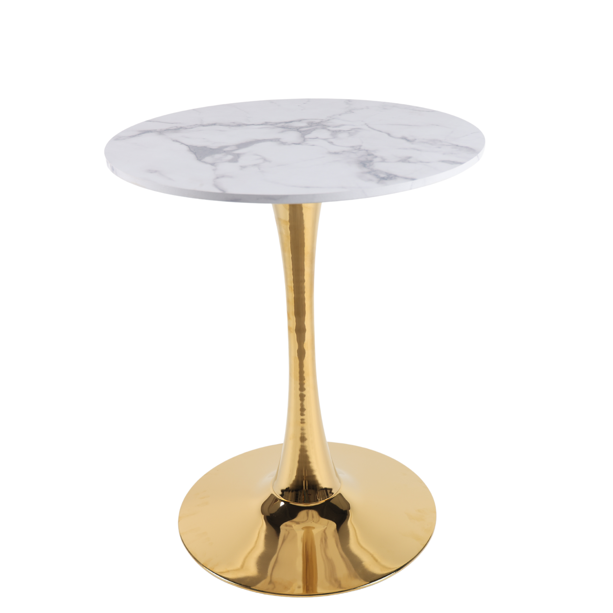 Three-quarter studio view of the round white faux marble table on a gold pedestal