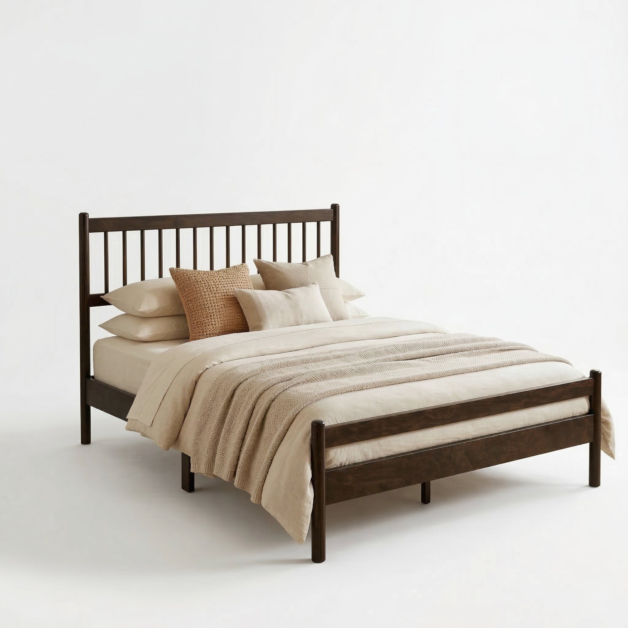 Dimension diagram of the queen bed frame: 83.7 in long, 63.1 in wide, 40 in tall headboard, 9.8 in clearance #Color_Brown