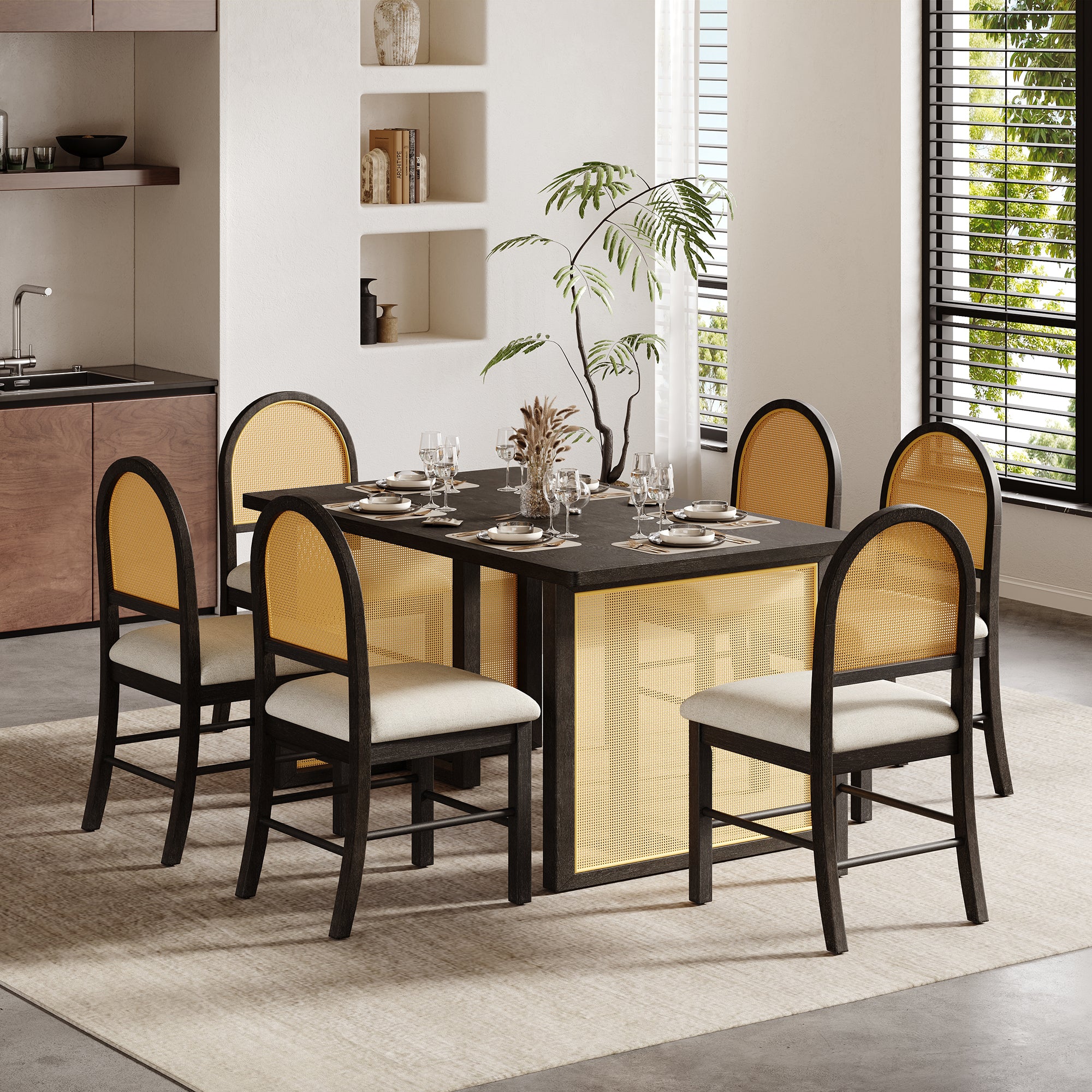 7-Piece Dining Set for 6, Espresso Table with 6 Cane-Look Chairs