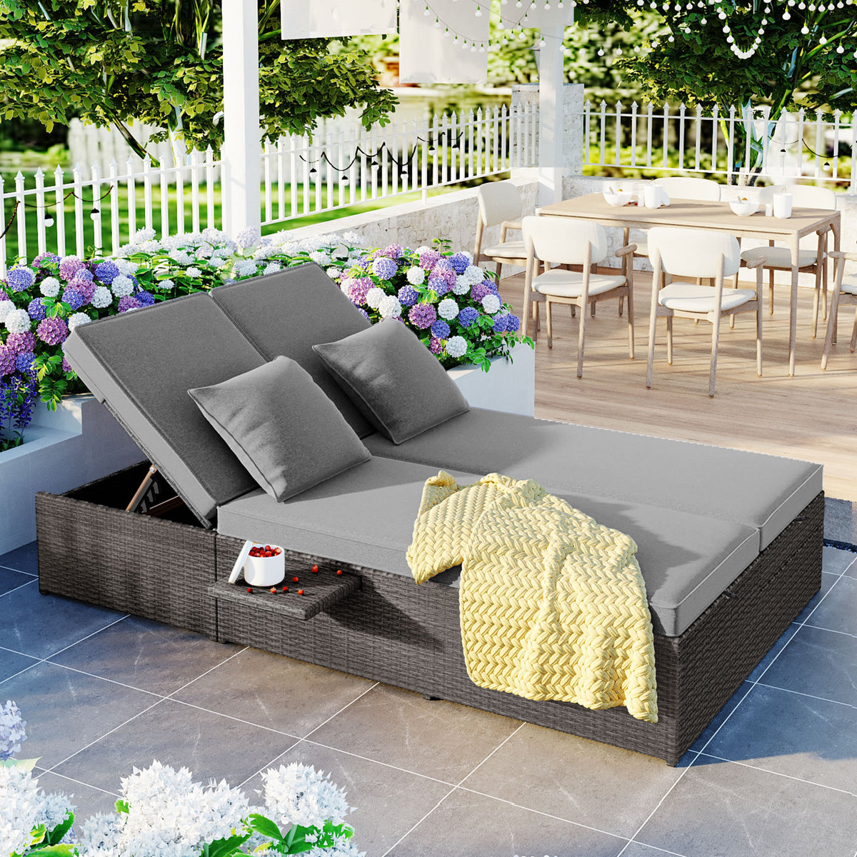 Gray Wicker Adjustable Outdoor Double Chaise Lounge with Cushions