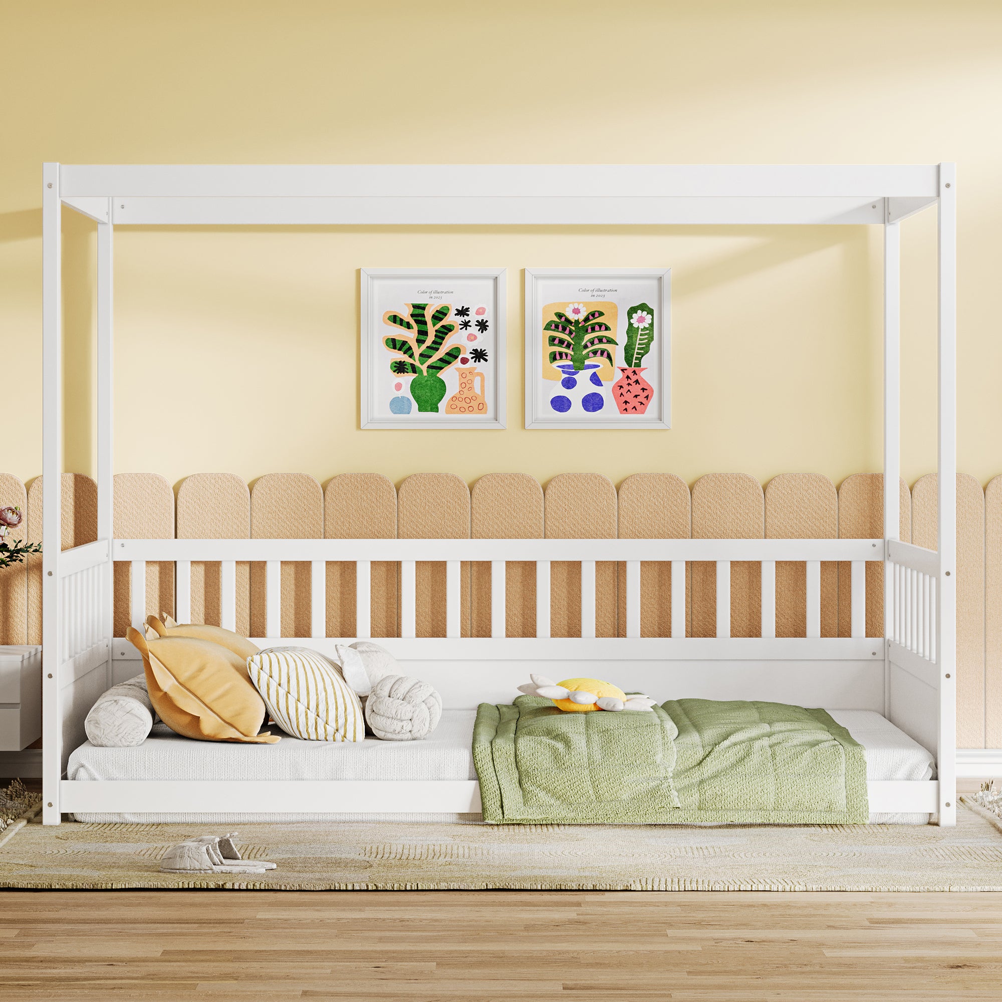 Twin Four Poster Canopy Bed for Kids, White Wood