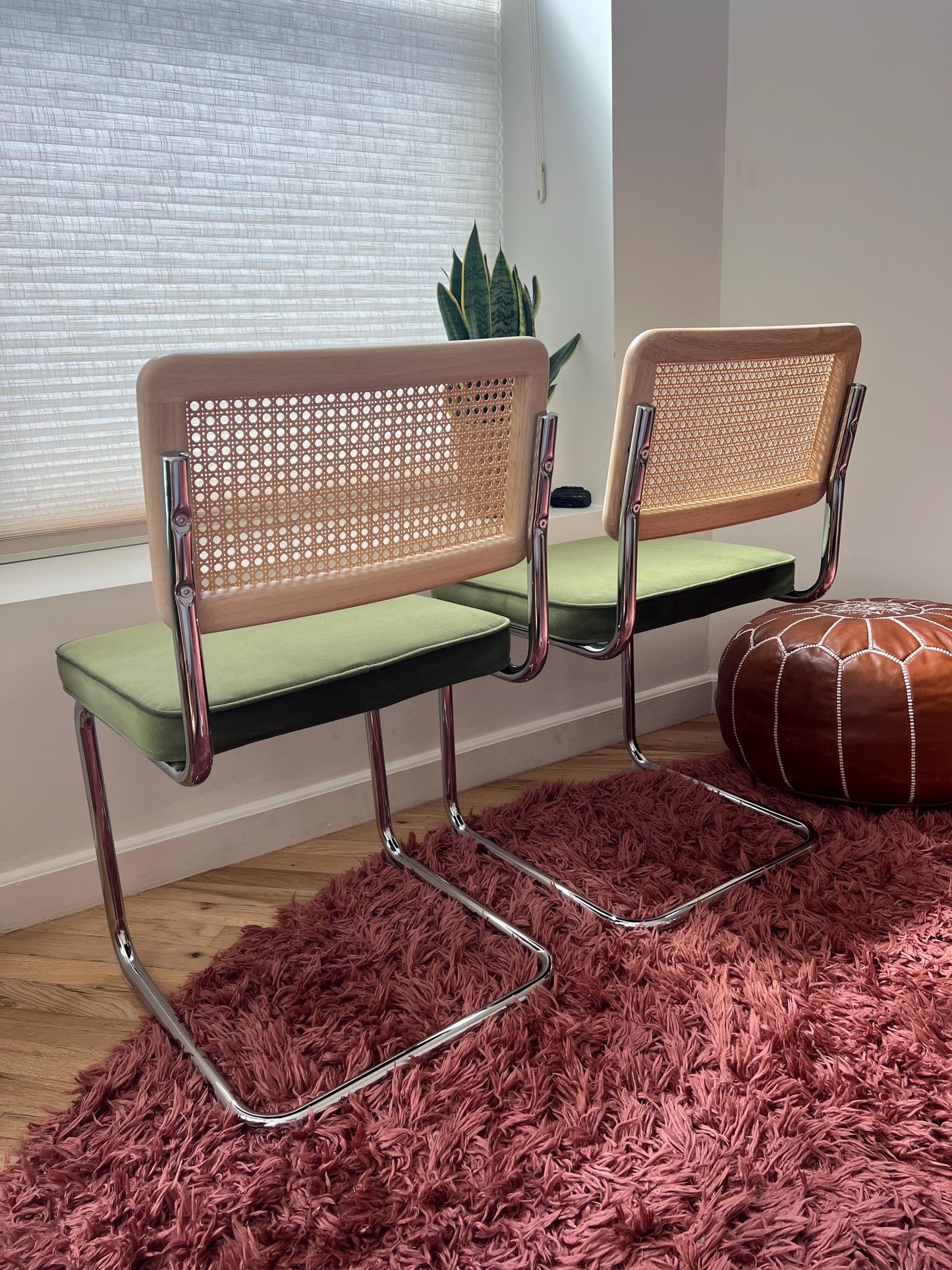 Midcentury Modern Dining Chair Set of 2 - Green Velvet with Rattan Accents