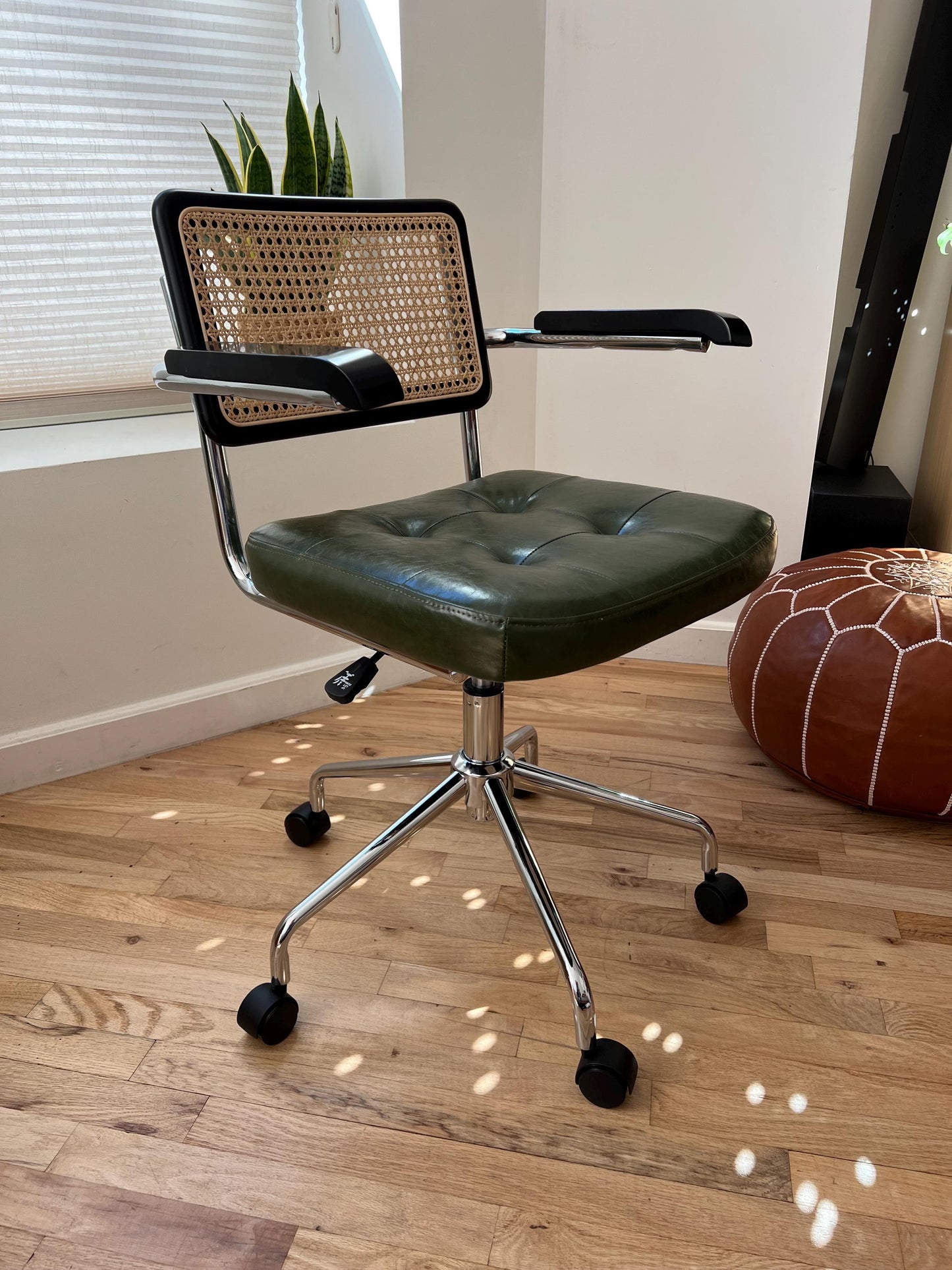 Mid Century Modern Desk & Office Chair – Handwoven Rattan & Vegan Leather