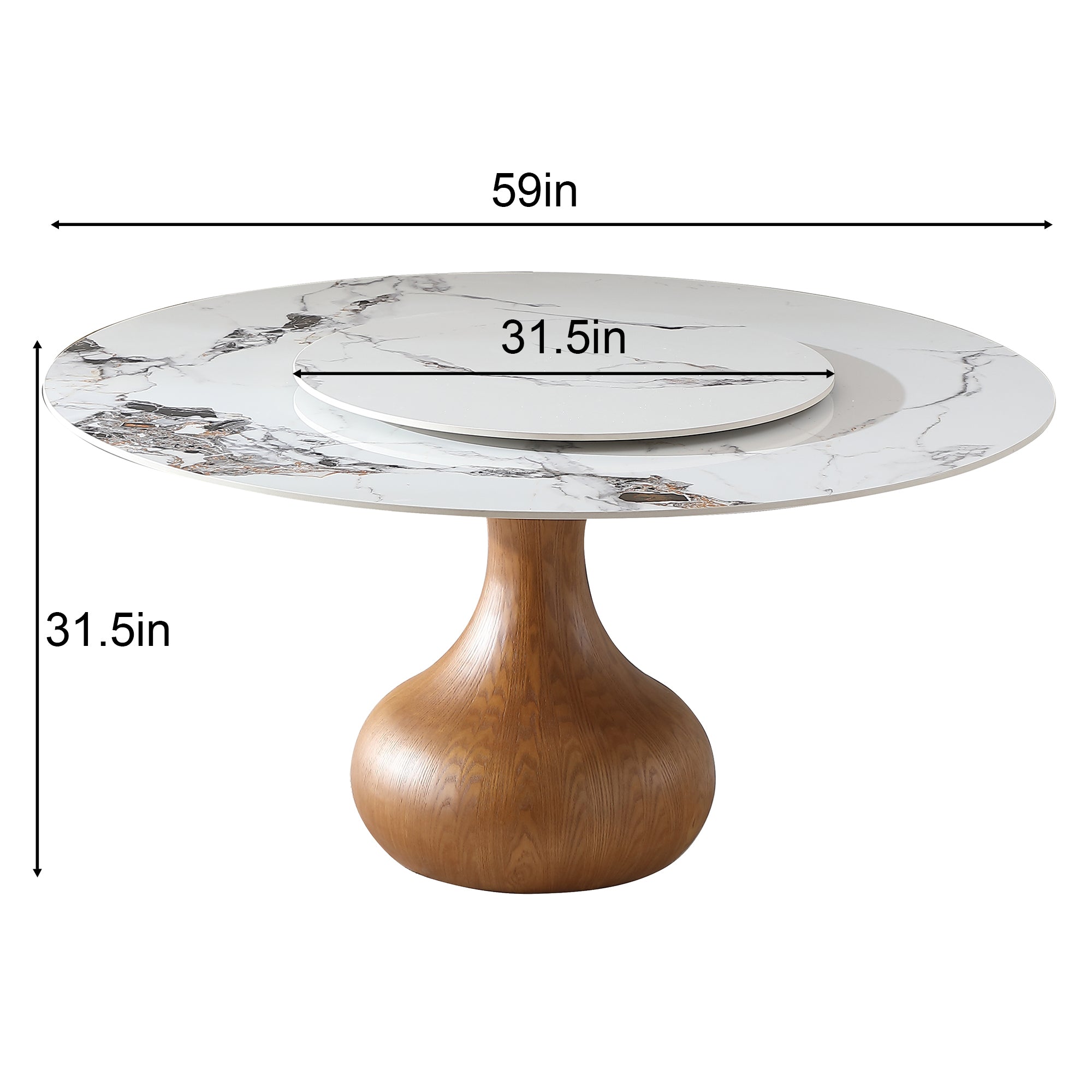Dimension diagram of the round sintered stone table: 59 inch top, 31.5 inch turntable, 31.5 inch height