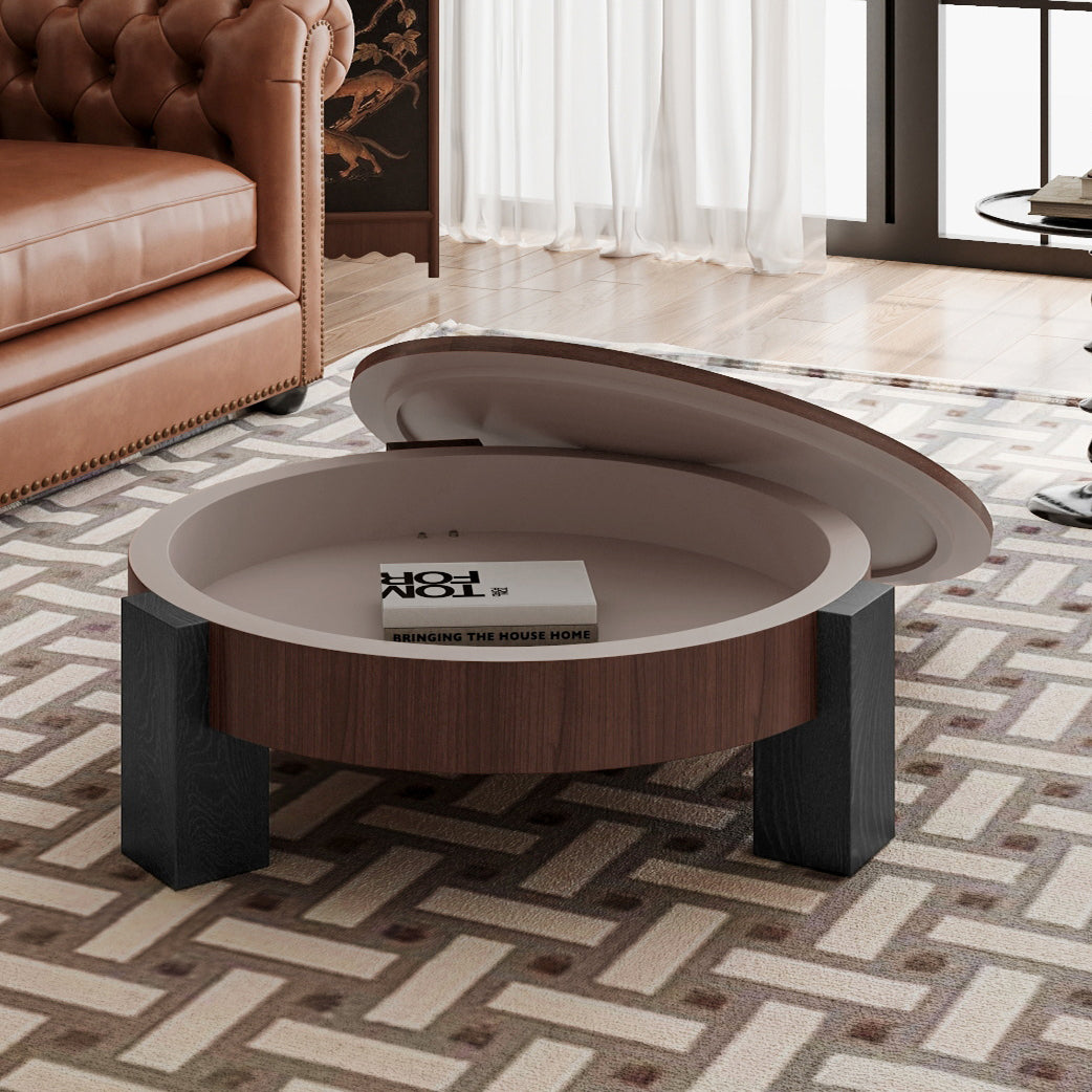 Walnut Round Coffee Table with Storage, 33.1 in