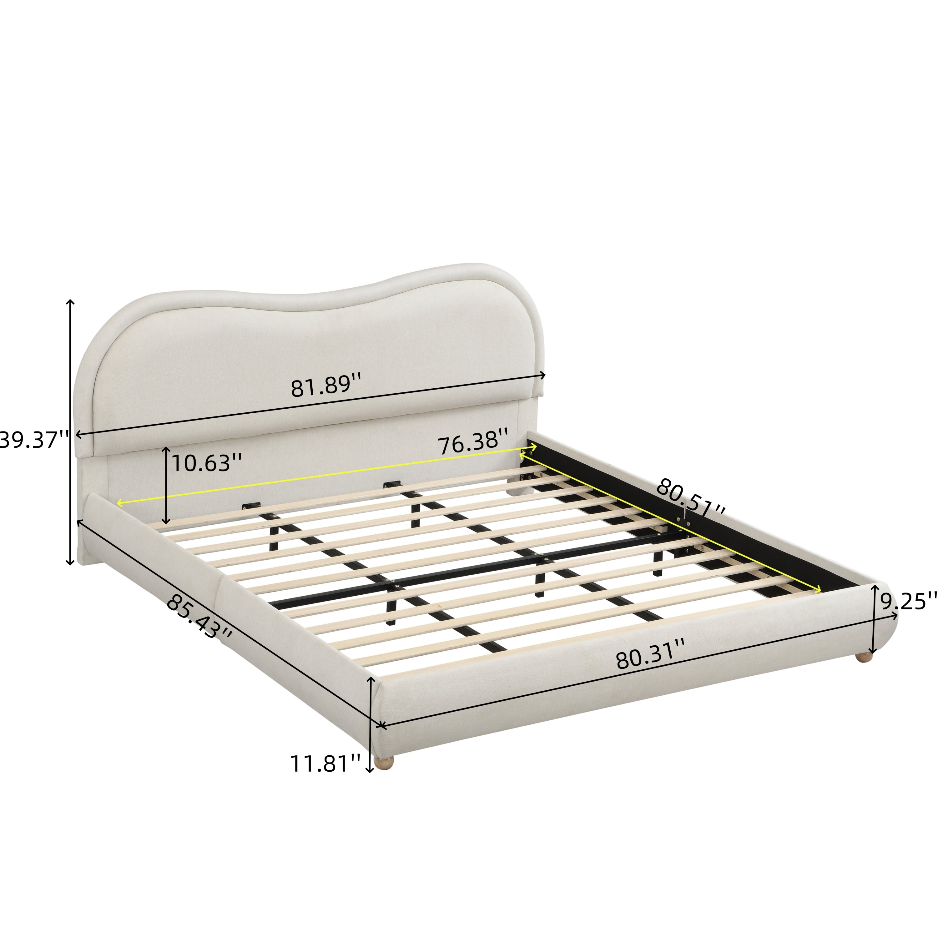 Line drawing of king platform bed dimensions, headboard and frame measurements