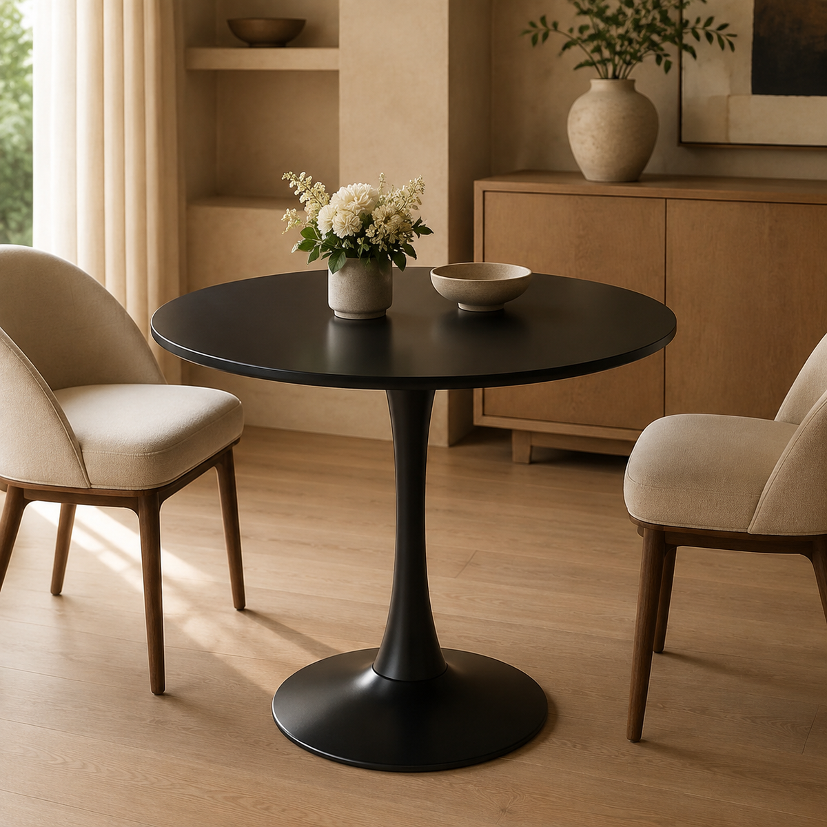 Round Tulip Dining Table, Black - MDF Top & Metal Pedestal Base