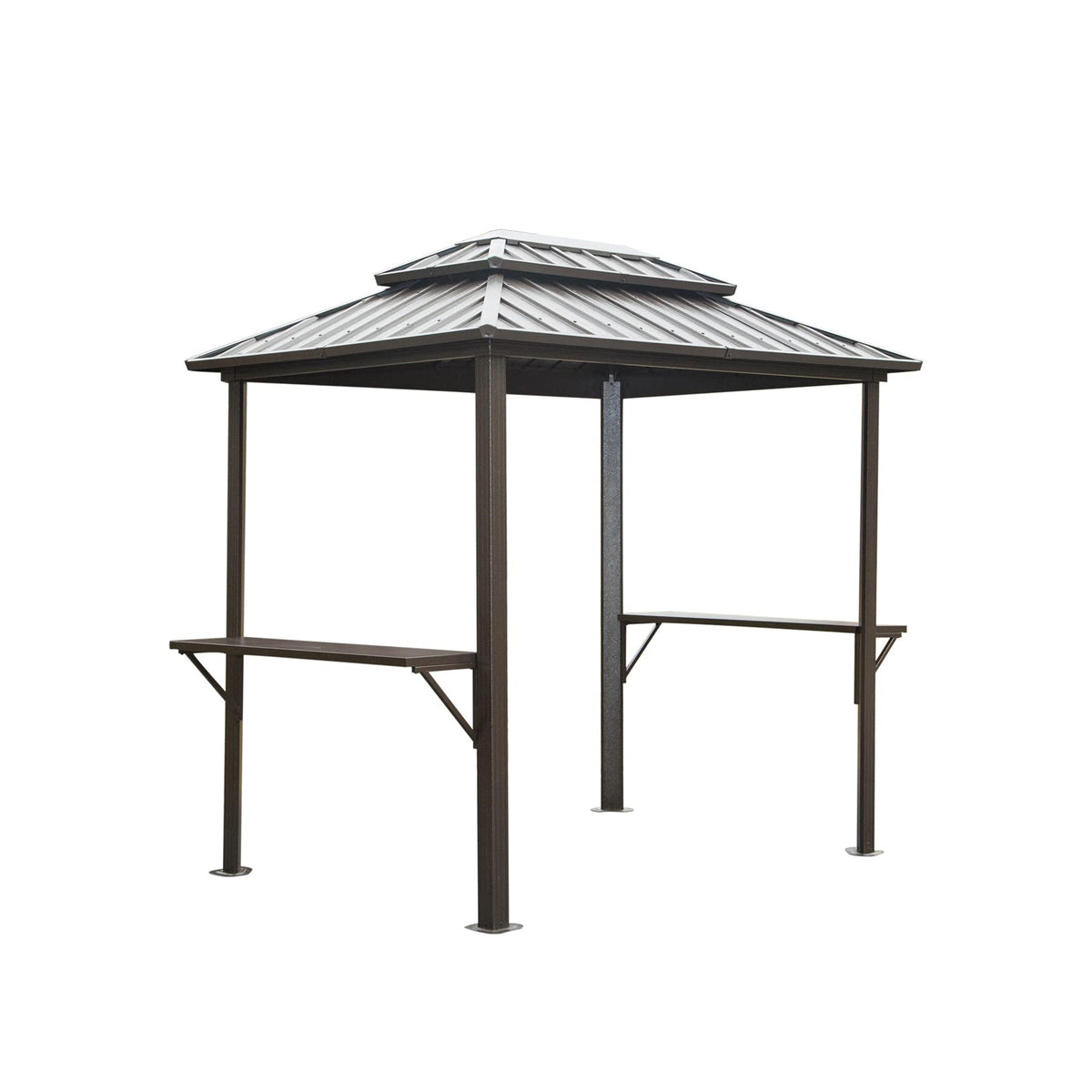 6x8 ft Brown Metal Double Roof Hardtop Gazebo with Side Shelves