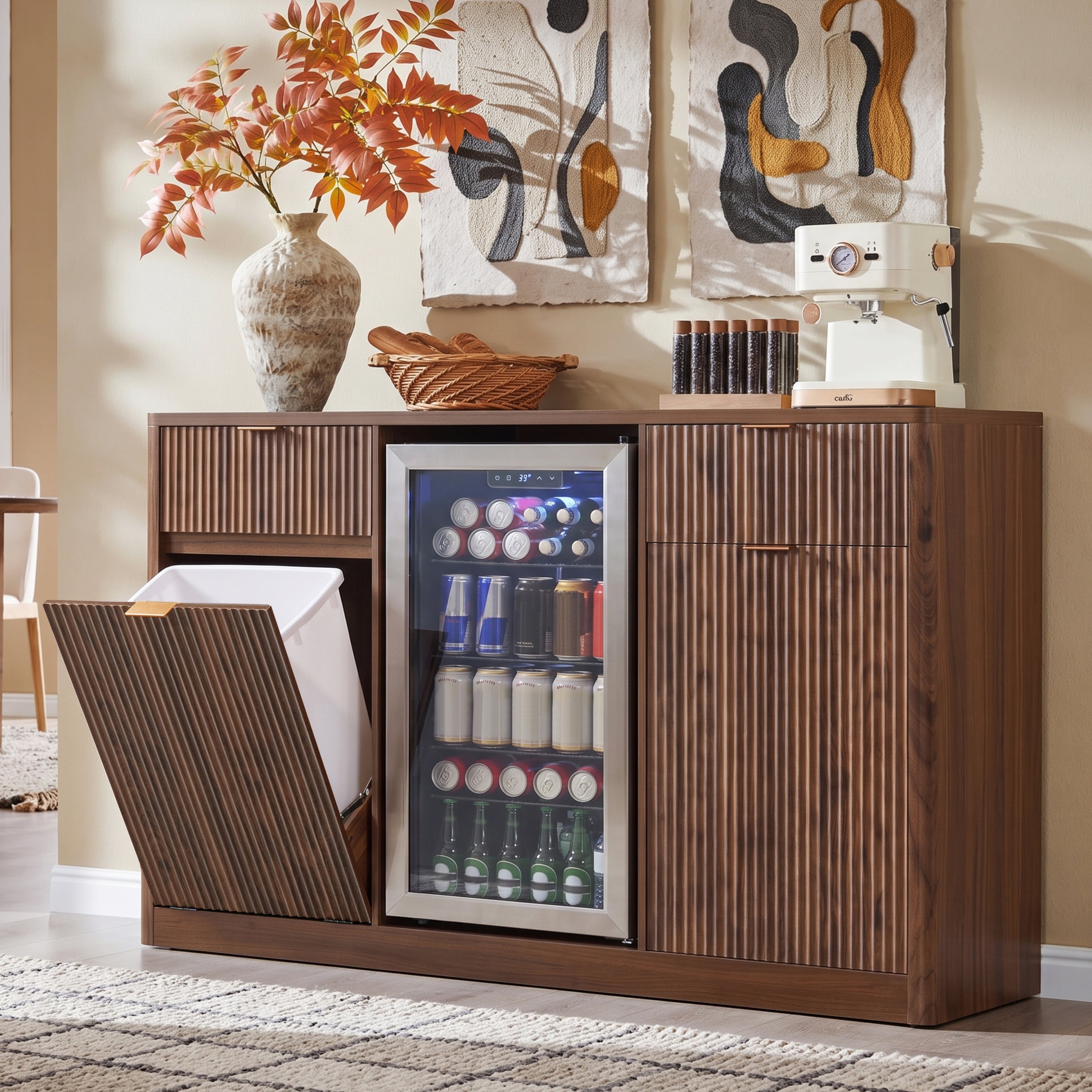 Fluted Bar Cabinet with Mini Fridge Space, 59 in, Walnut