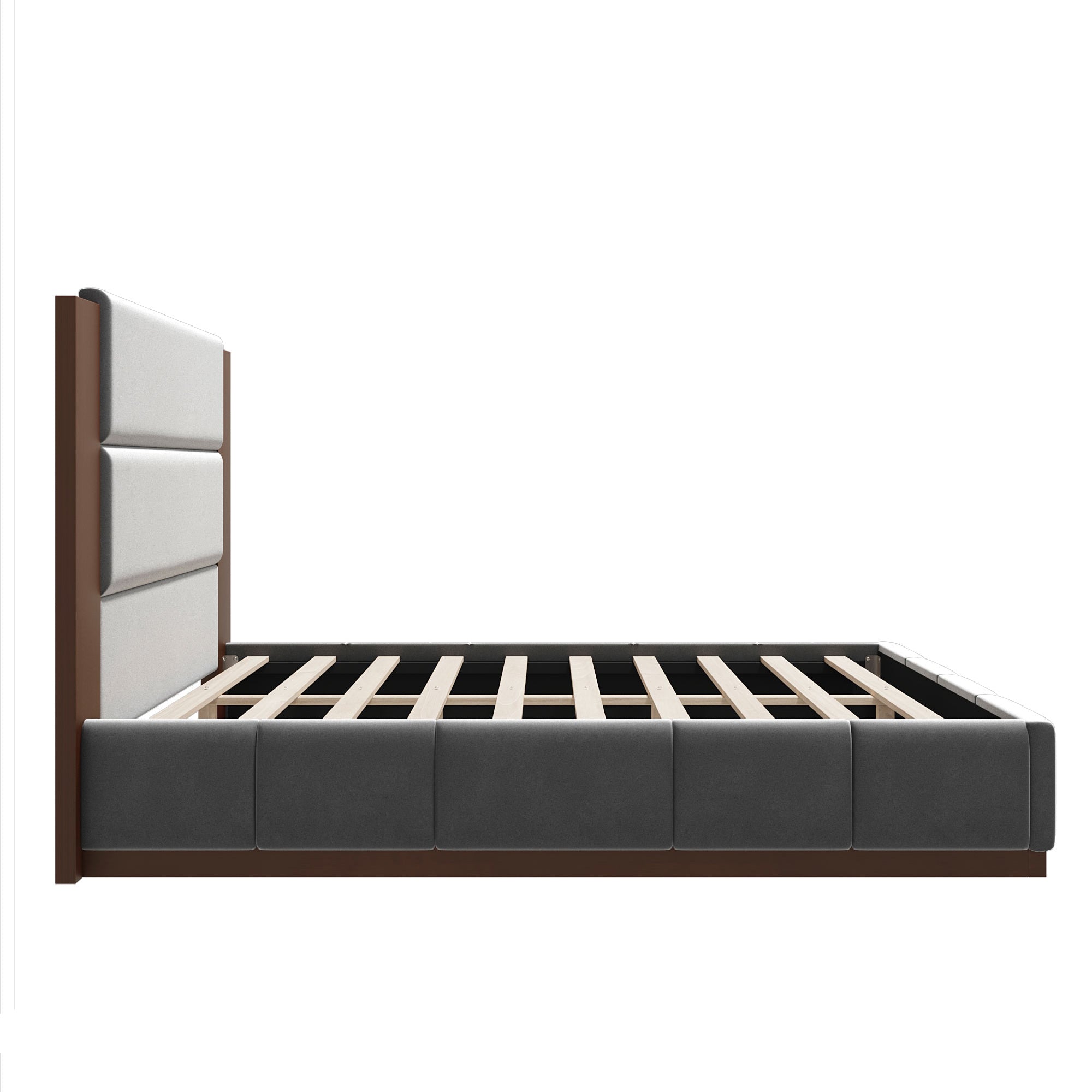 Side profile of the upholstered queen bed frame, wood-framed headboard with light padded panels above an exposed wood-slat platform #Color_Grey Velvet