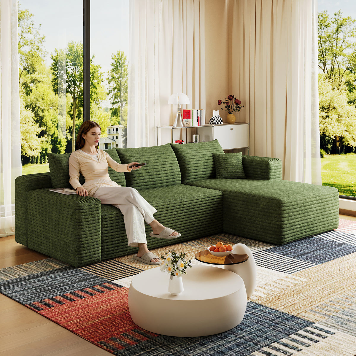 Green Corduroy L-Shaped Sectional, 95 in Wide