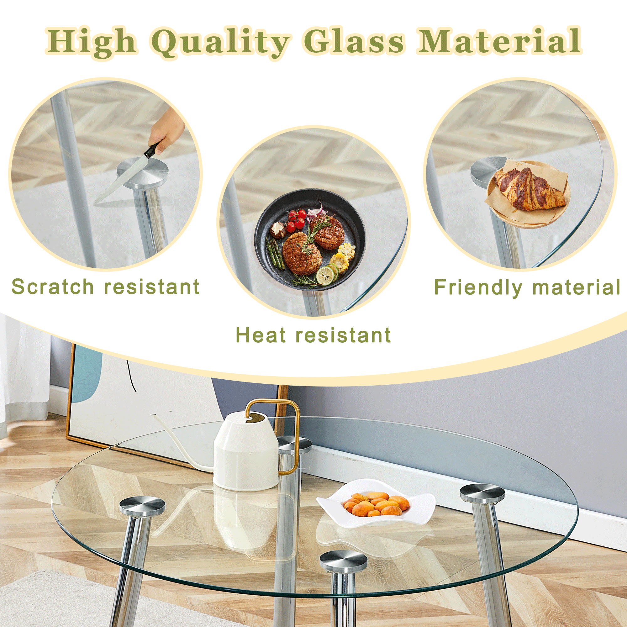 Feature graphic showing the glass tabletop as scratch resistant, heat resistant and food friendly