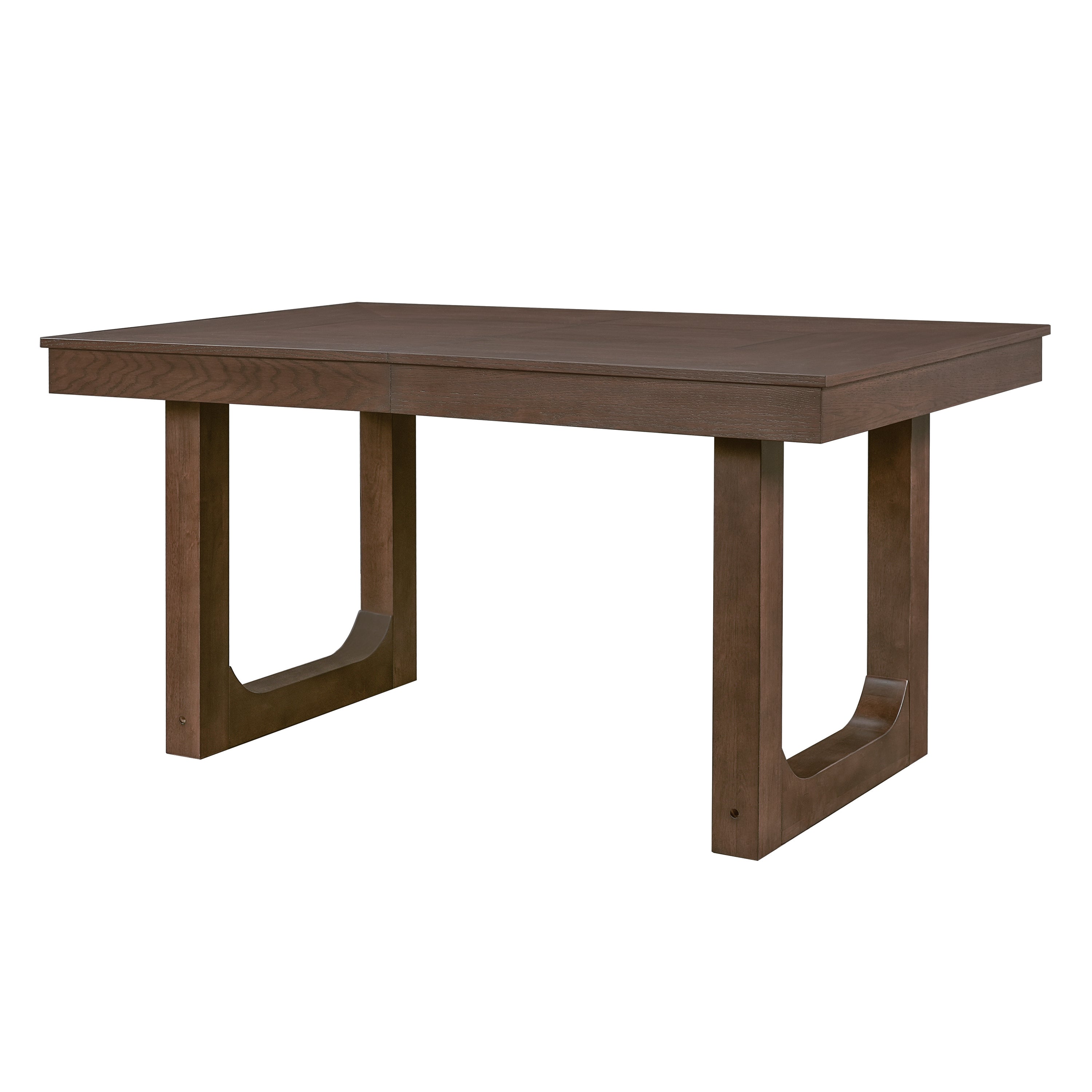 Three-quarter studio view of the walnut farmhouse extendable dining table on white background